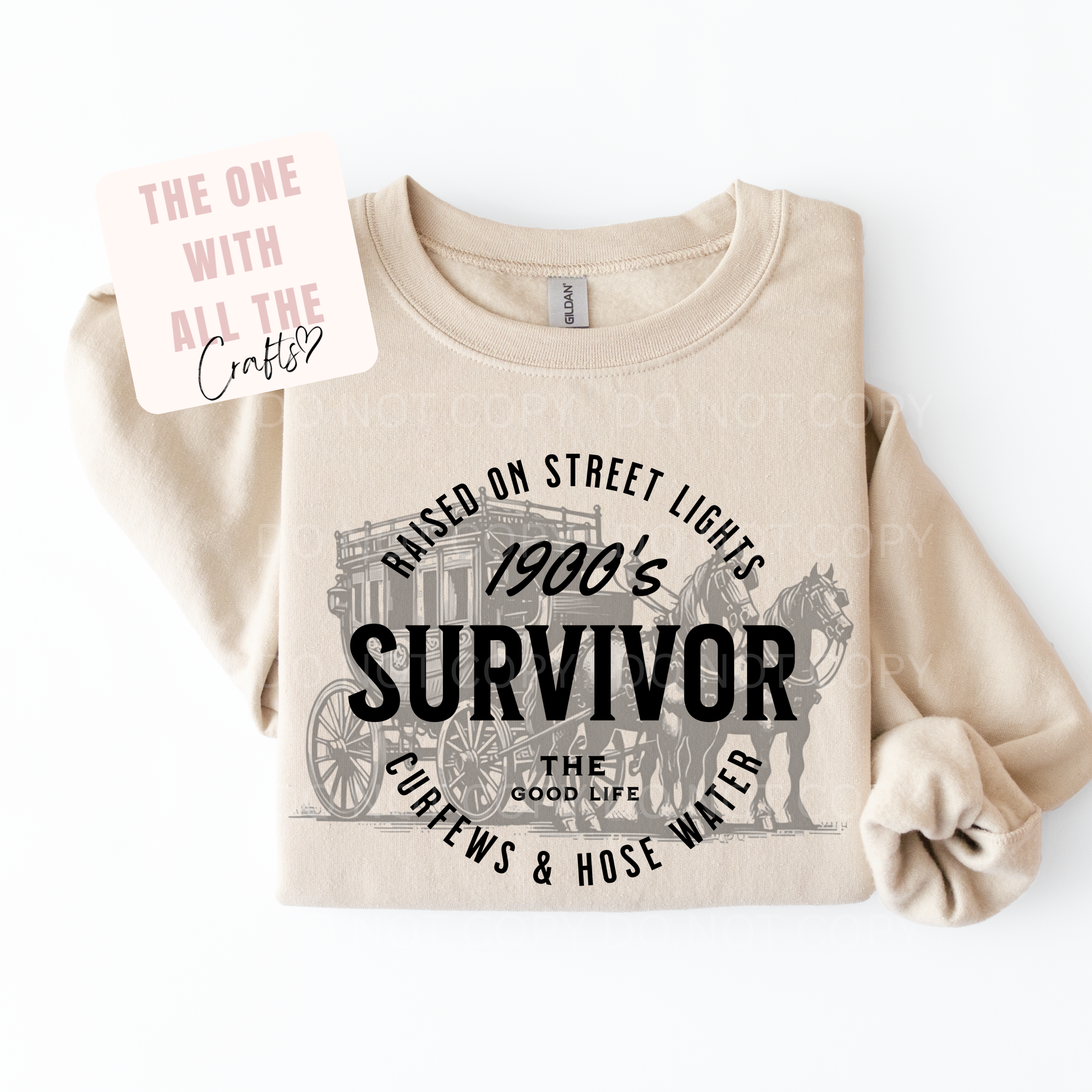 Beige sweatshirt with graphic design and text on a white background