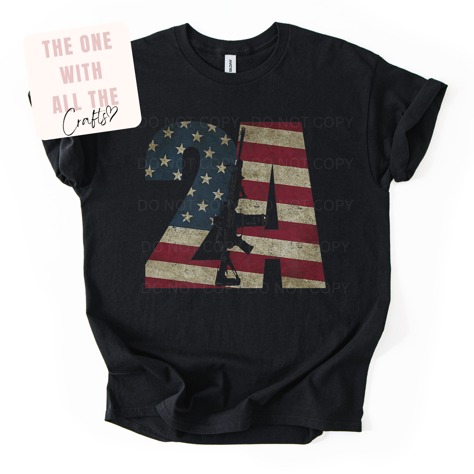Black t-shirt with American flag design and 2A image with rifle on a white background