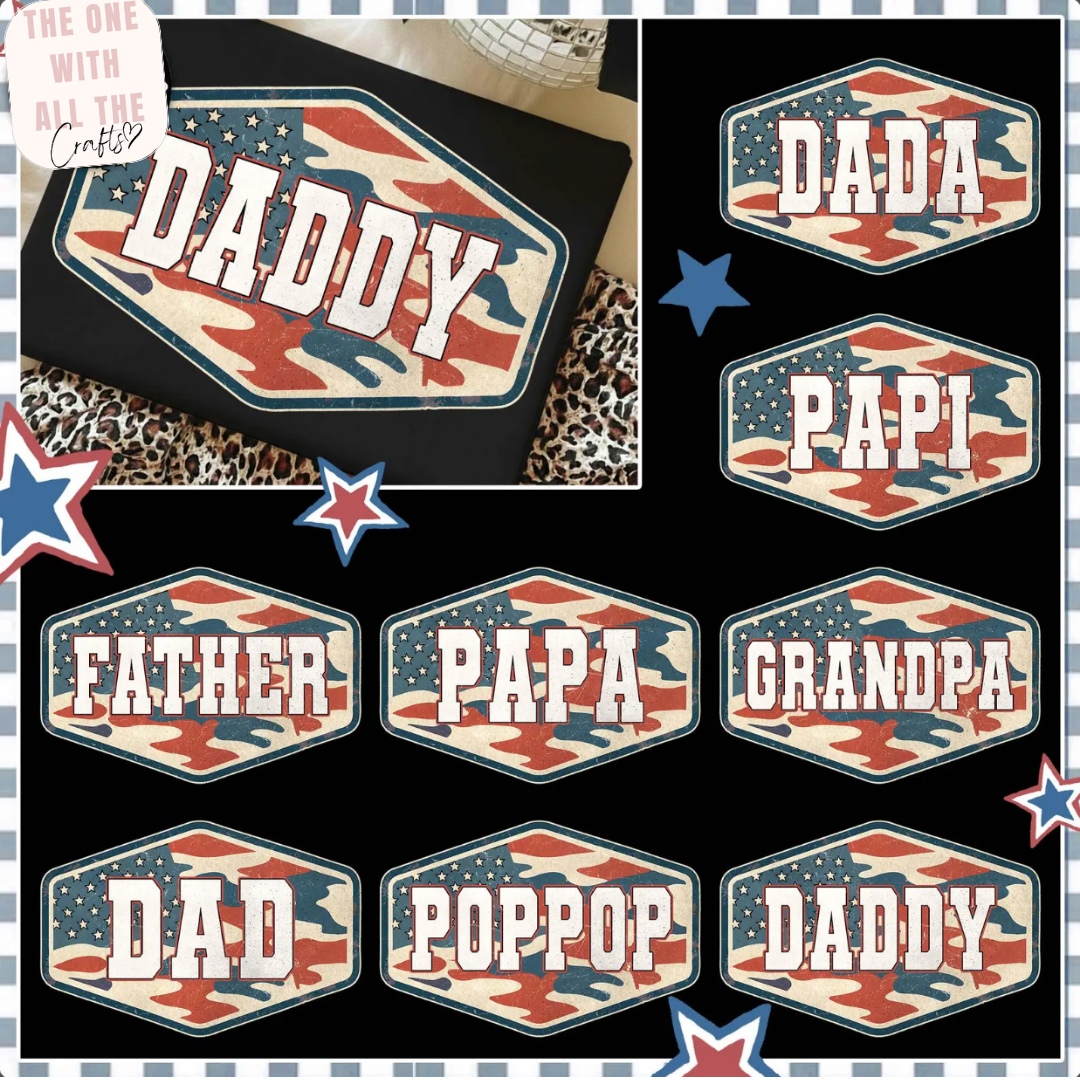 Collection of decorative patches with text like 'DADDY', 'PAPA', and 'GRANDPA' in a camouflage style.