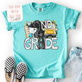 Turquoise t-shirt with '2nd Grade' design, checkered shoes, and denim shorts on a white background