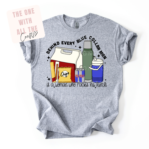 Gray t-shirt with graphic design and text on a white background