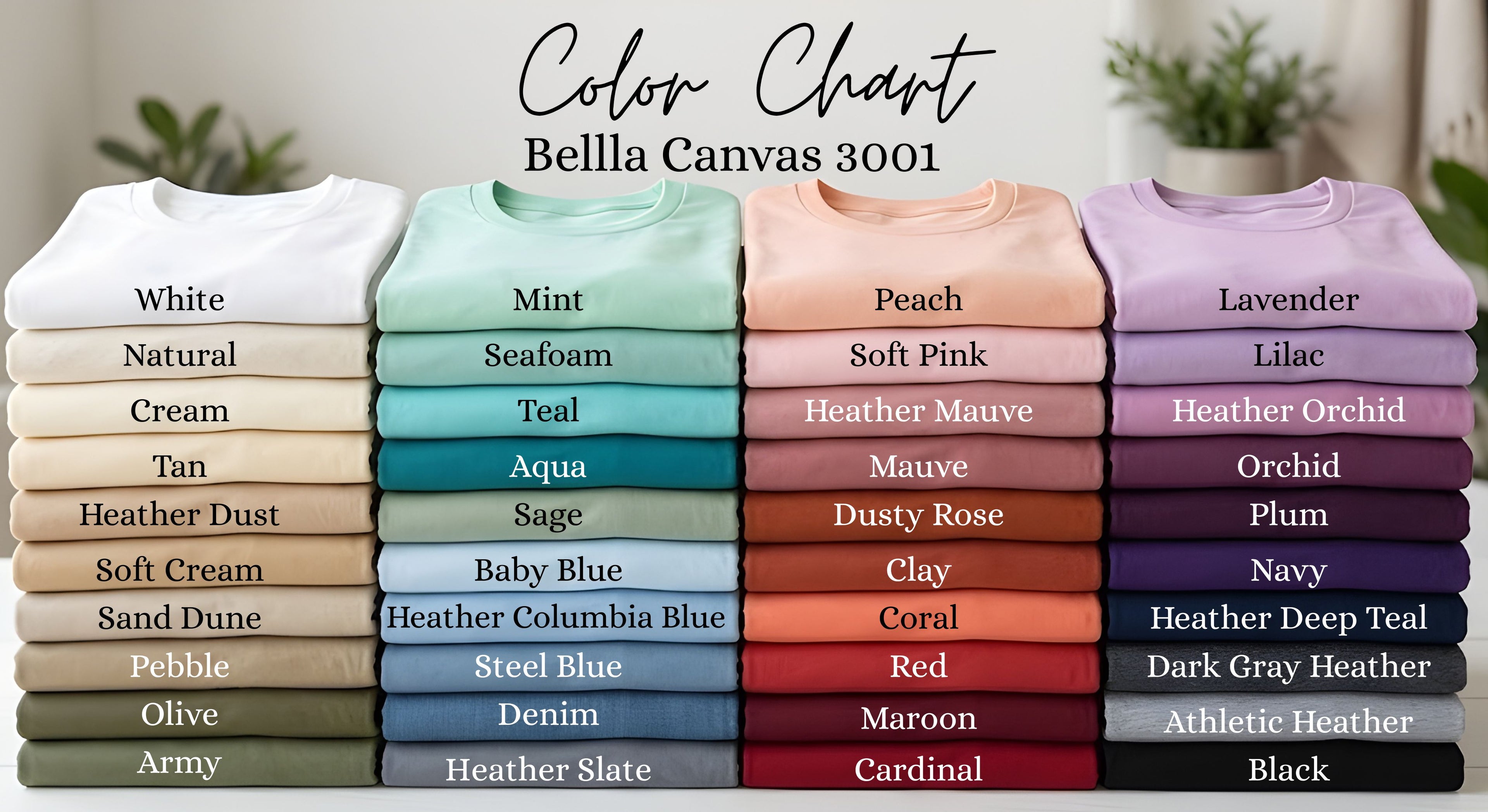 Color chart for Bella Canvas 3001 t-shirts with various colors displayed.