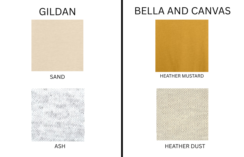 Color swatches for Gildan and Bella and Canvas with labels and text.