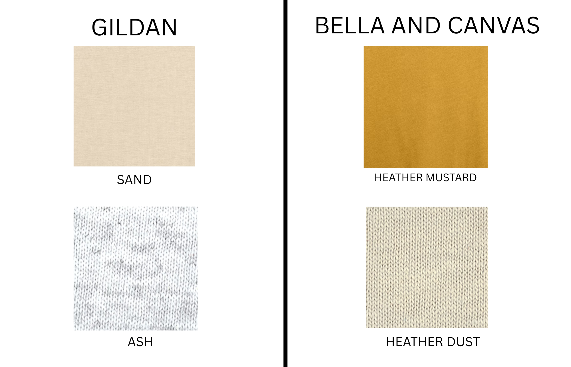Color swatches for Gildan and Bella and Canvas with labels and text.