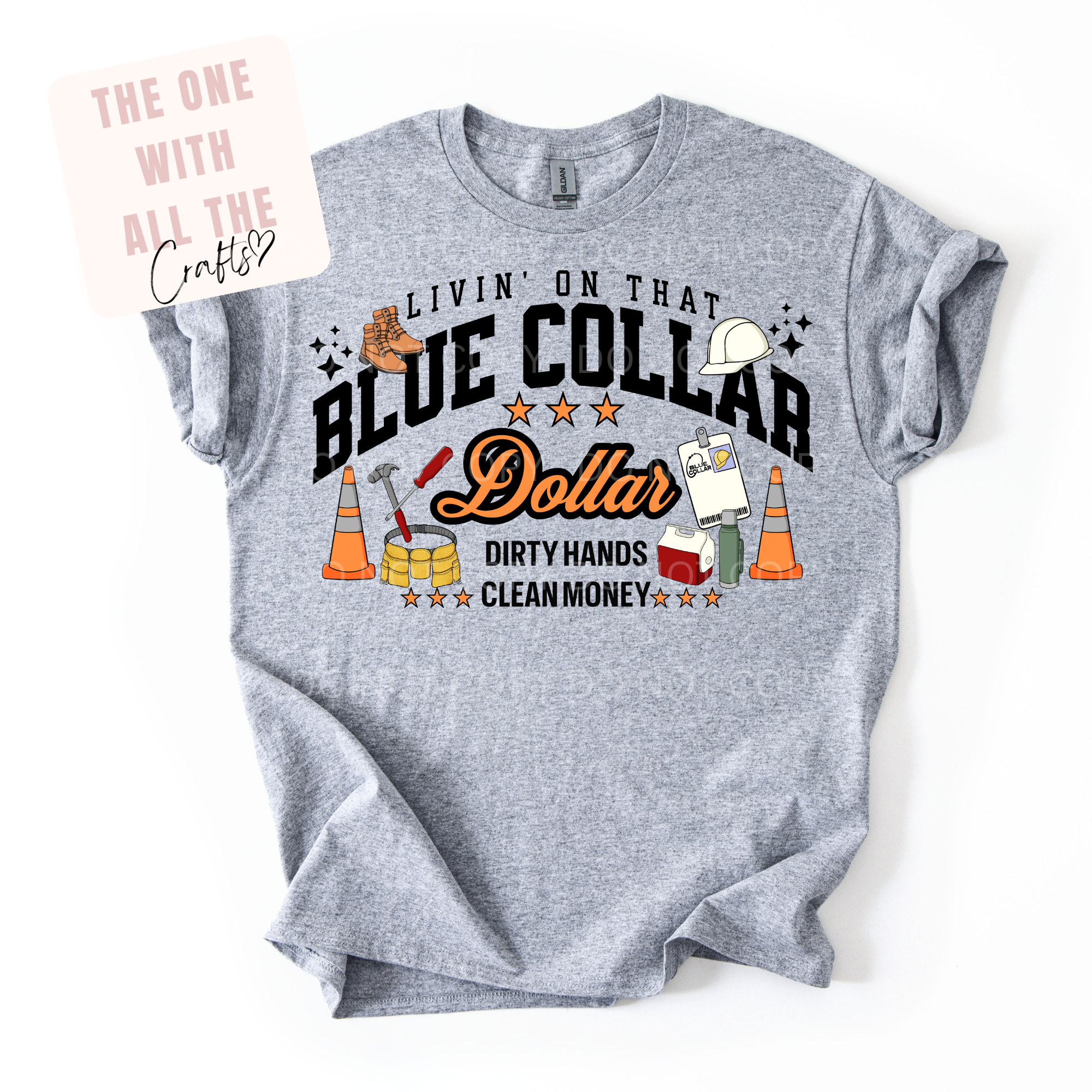 Gray t-shirt with blue collar graphic and text on a white background