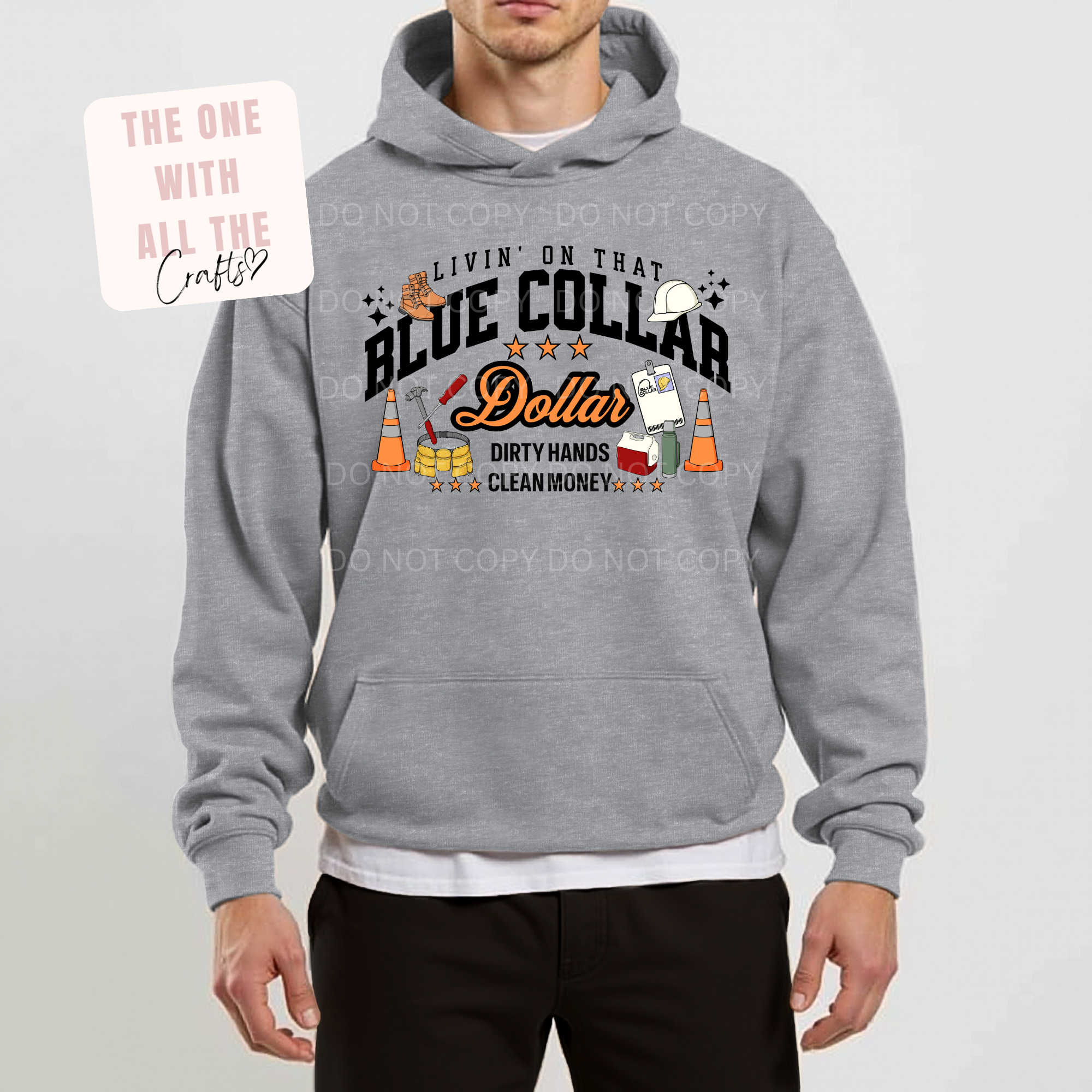 Gray hoodie with 'Blue Collar Dollar' graphic design on a plain background