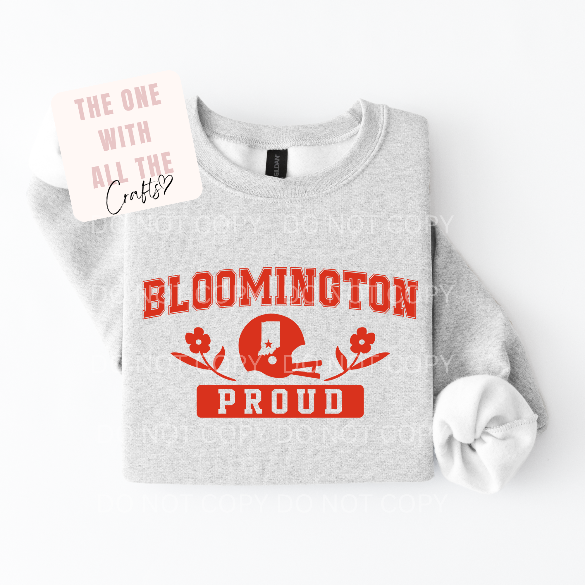 Gray sweatshirt with 'Bloomington Proud' text and design on a white background