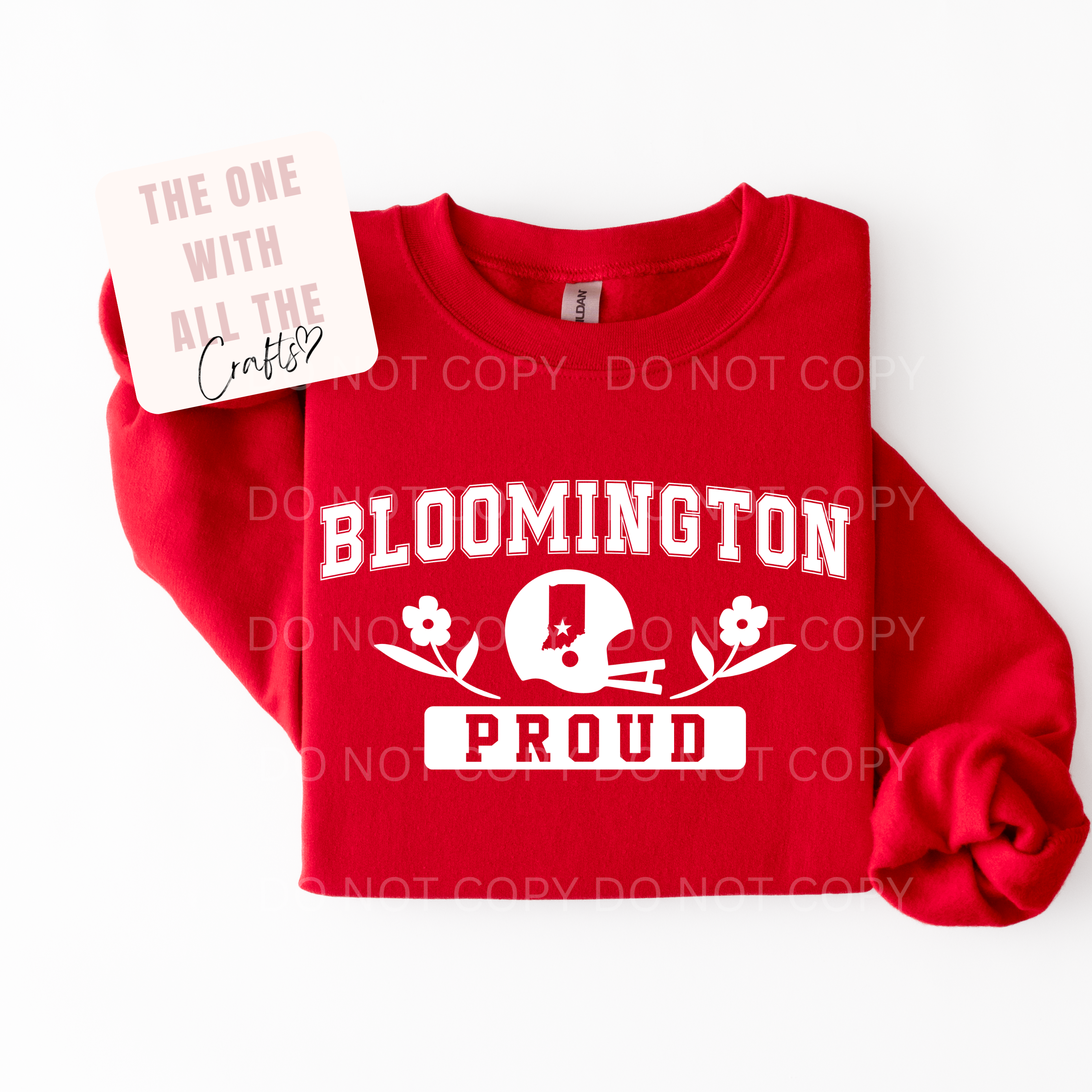 Red sweatshirt with 'Bloomington Proud' text on a white background