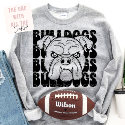 Gray sweatshirt with bulldog graphic and 'Bulldogs' text, next to a Wilson football.