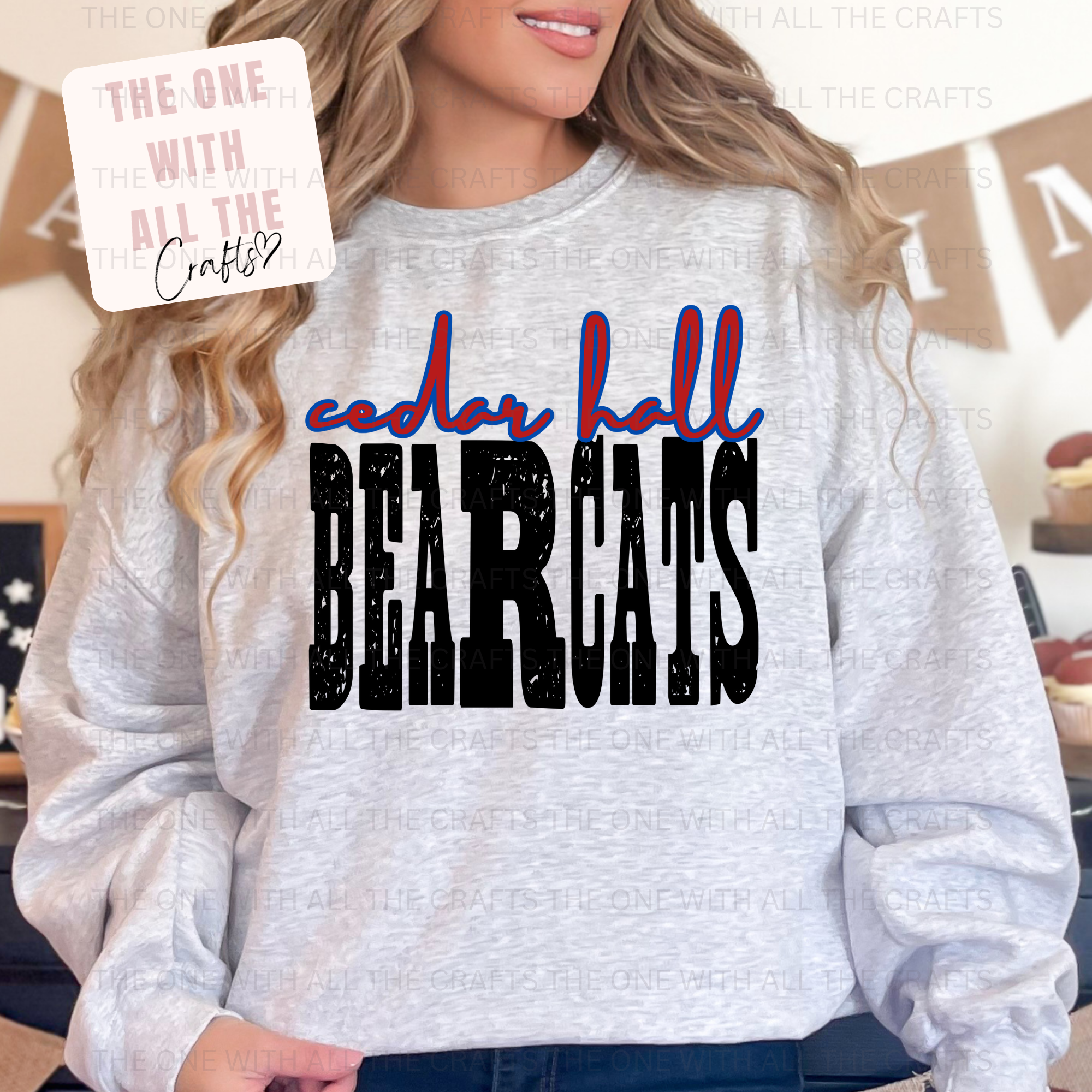 Person wearing a gray sweatshirt with 'cedar hall BEAR CATS' text, with a blurred background.