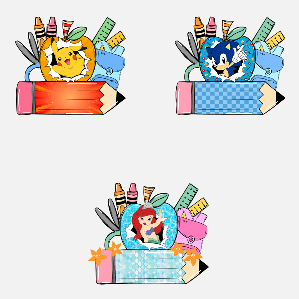 Three pencil-shaped character containers with colorful stationery items on a light gray background
