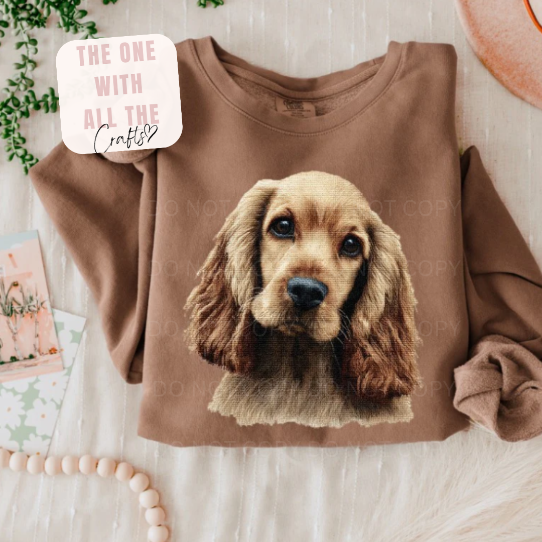Brown sweatshirt with a dog's face printed on it, placed on a light wooden surface.
