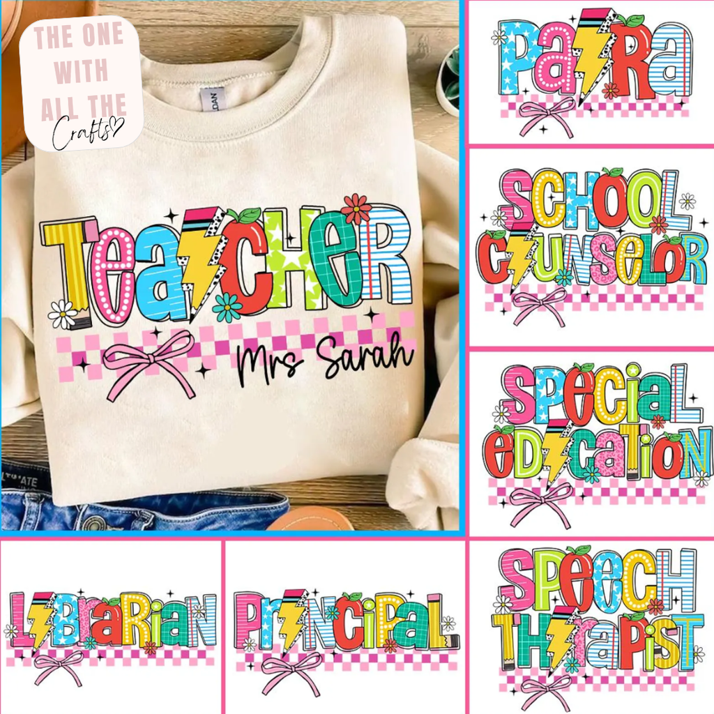 Collage of personalized teacher-themed shirts with colorful text and checkered patterns.