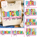 Collage of personalized teacher-themed shirts with colorful text and checkered patterns.