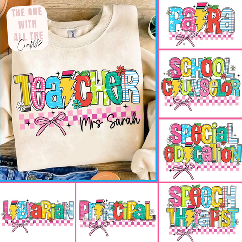 Collage of personalized teacher-themed shirts with colorful text and checkered patterns.