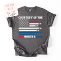 Gray t-shirt with American flag design and text on a white background