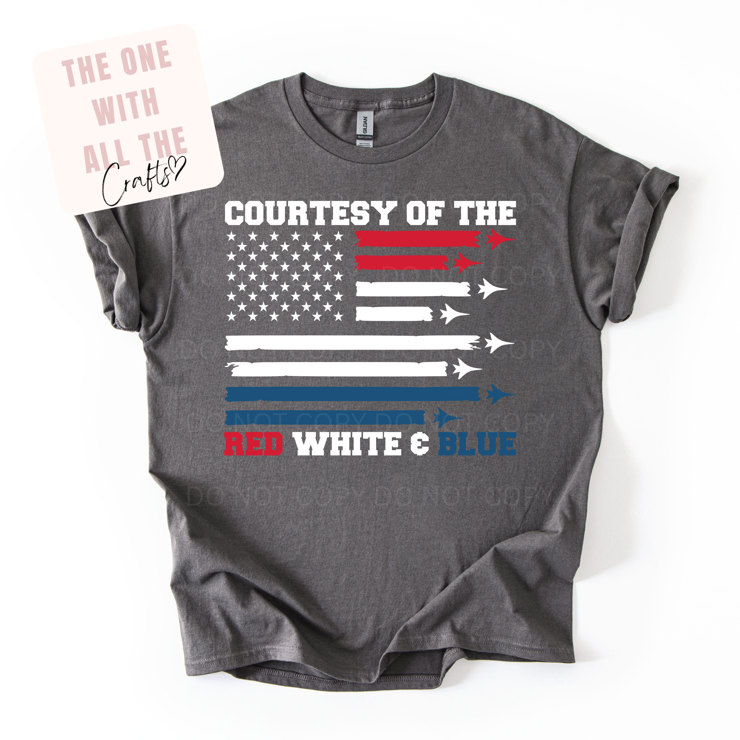 Gray t-shirt with American flag design and text on a white background