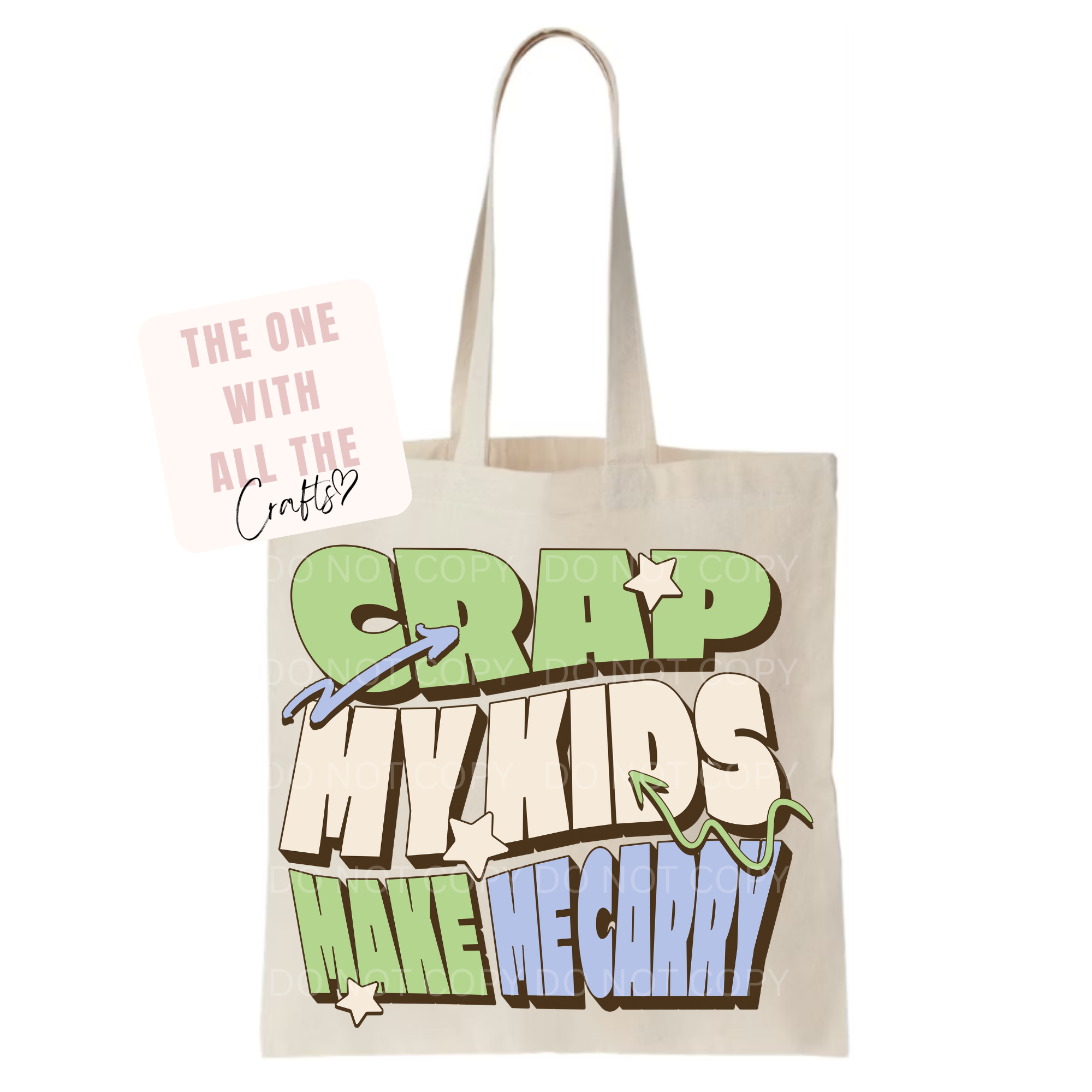 Tote bag with humorous text design on a white background