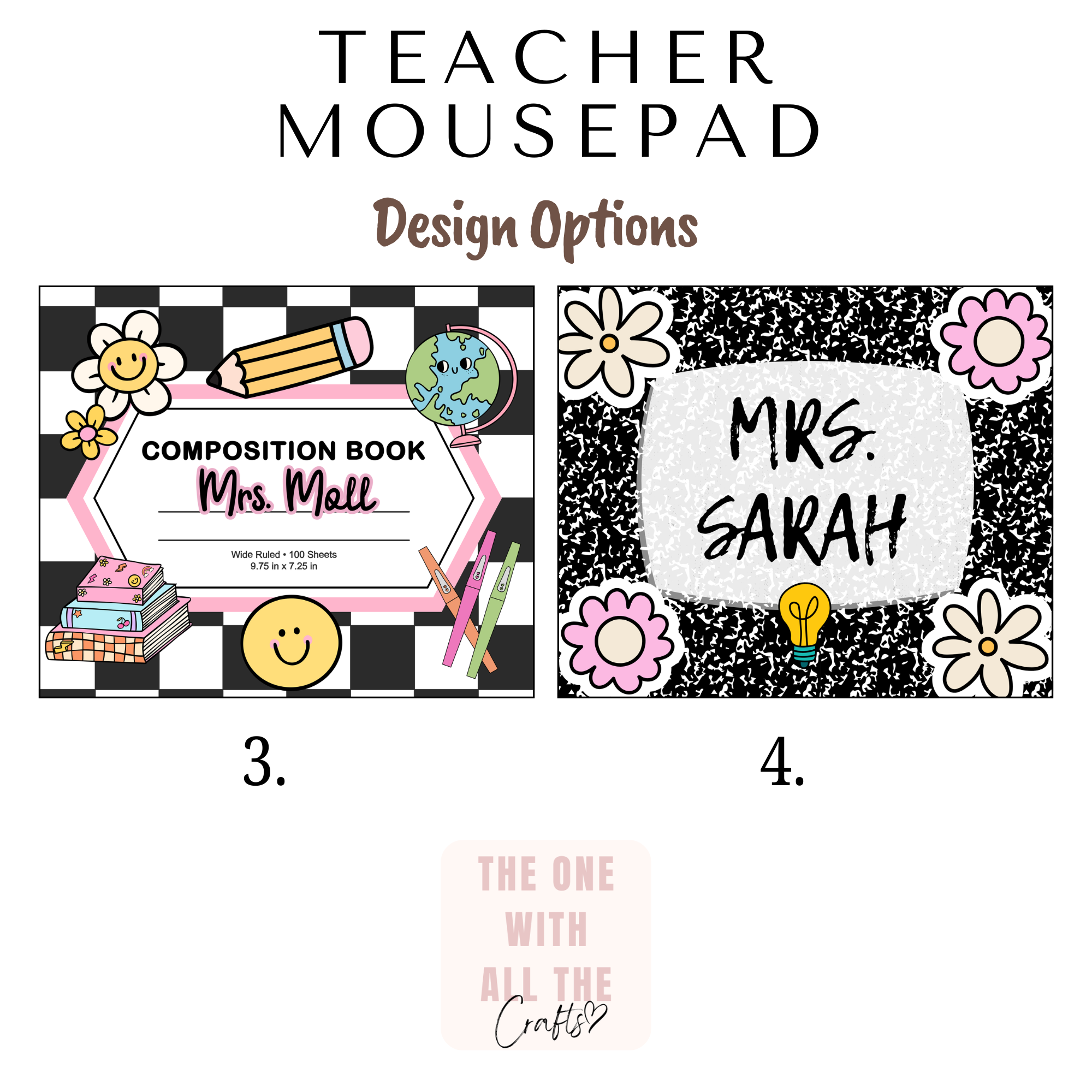 Teacher mousepad design options with checkered pattern and personalized text.