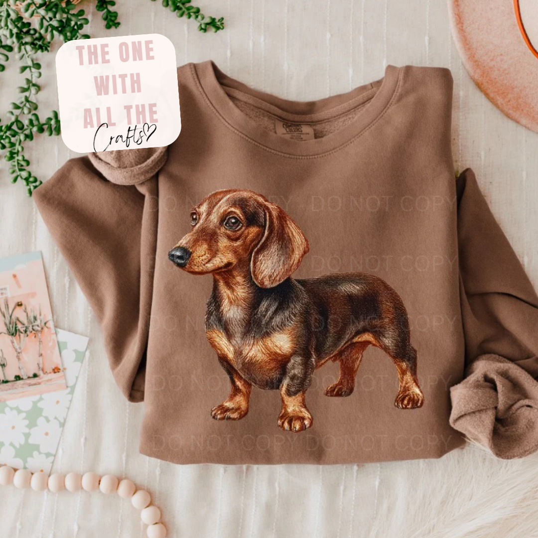 Brown sweatshirt with a dachshund graphic on a light wooden surface.