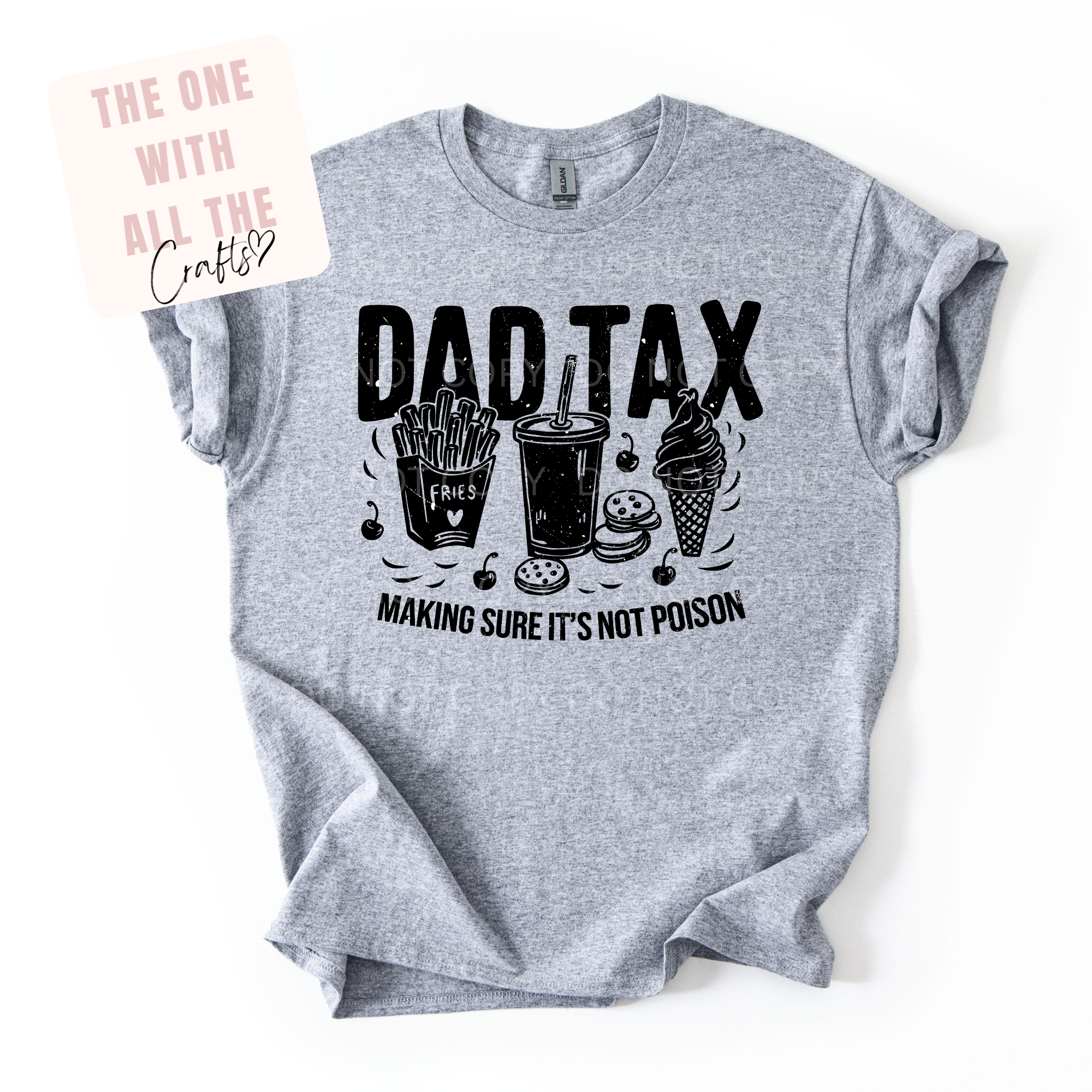 Gray t-shirt with 'Dad Tax' graphic design on a white background
