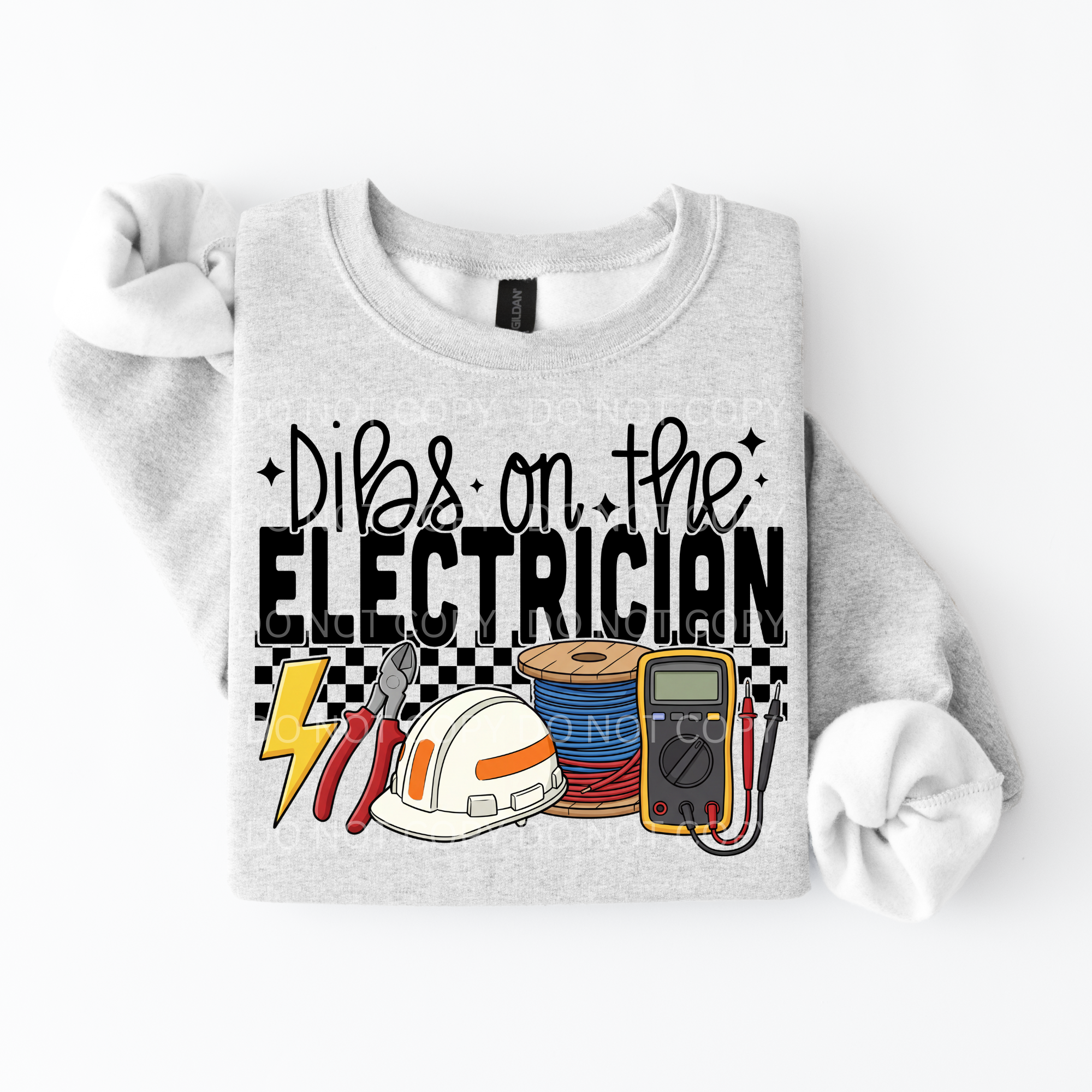 Gray sweatshirt with electrician-themed graphics and text on a white background