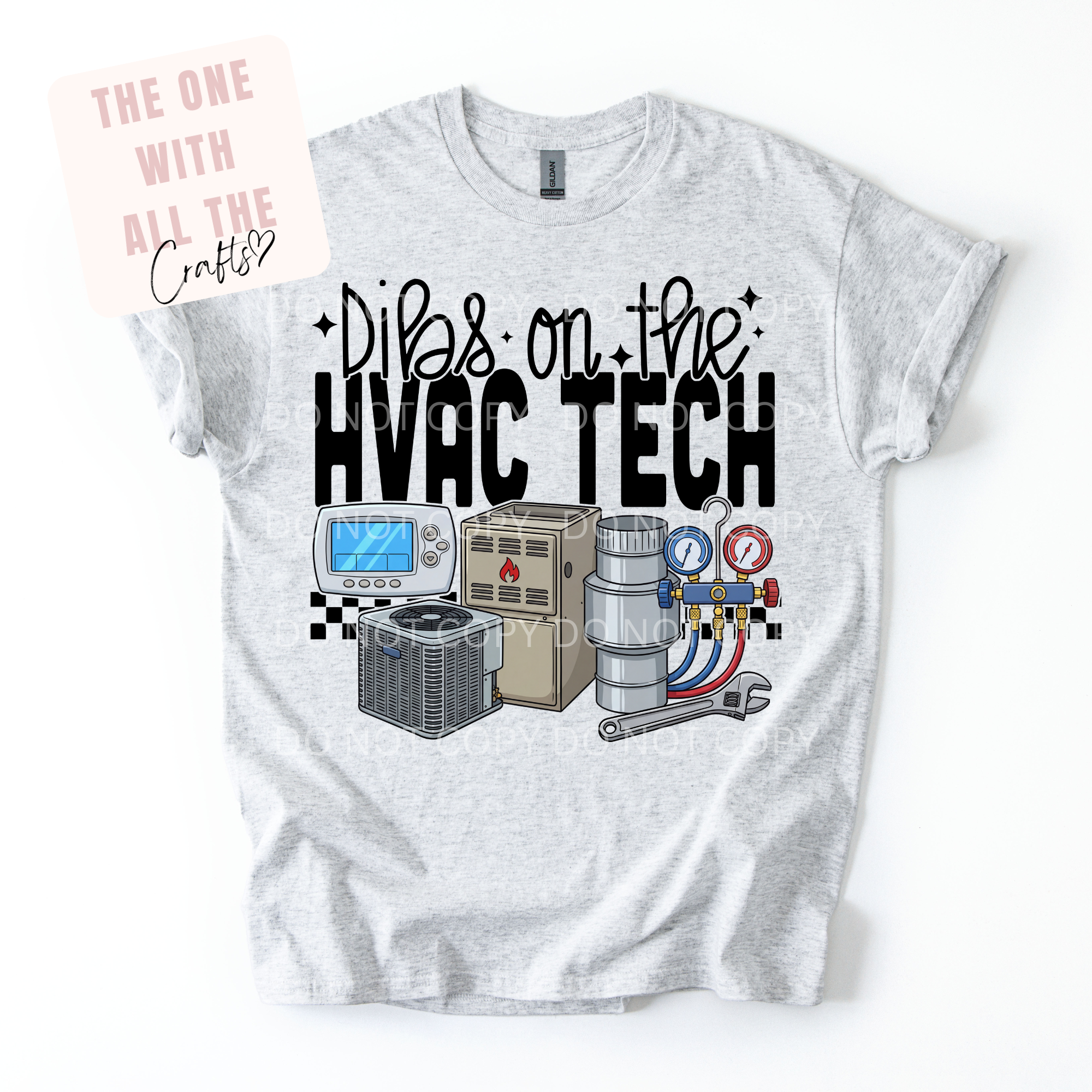 Gray t-shirt with HVAC-related graphics and text on a white background