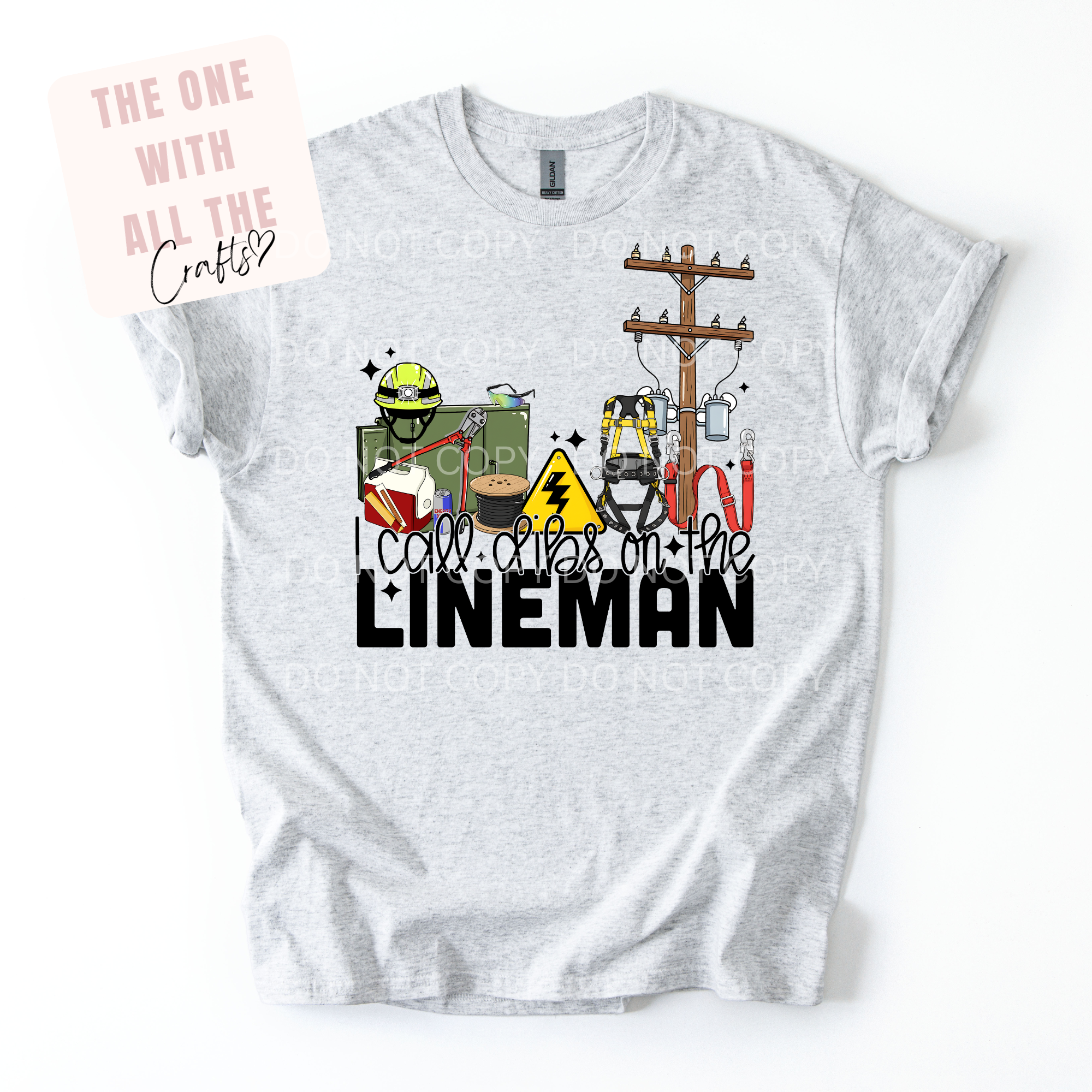 Gray t-shirt with lineman-themed graphics and text on a white background