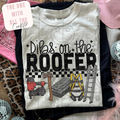 T-shirt with 'Dibs on the Roofer' text and tools graphic, displayed with accessories.