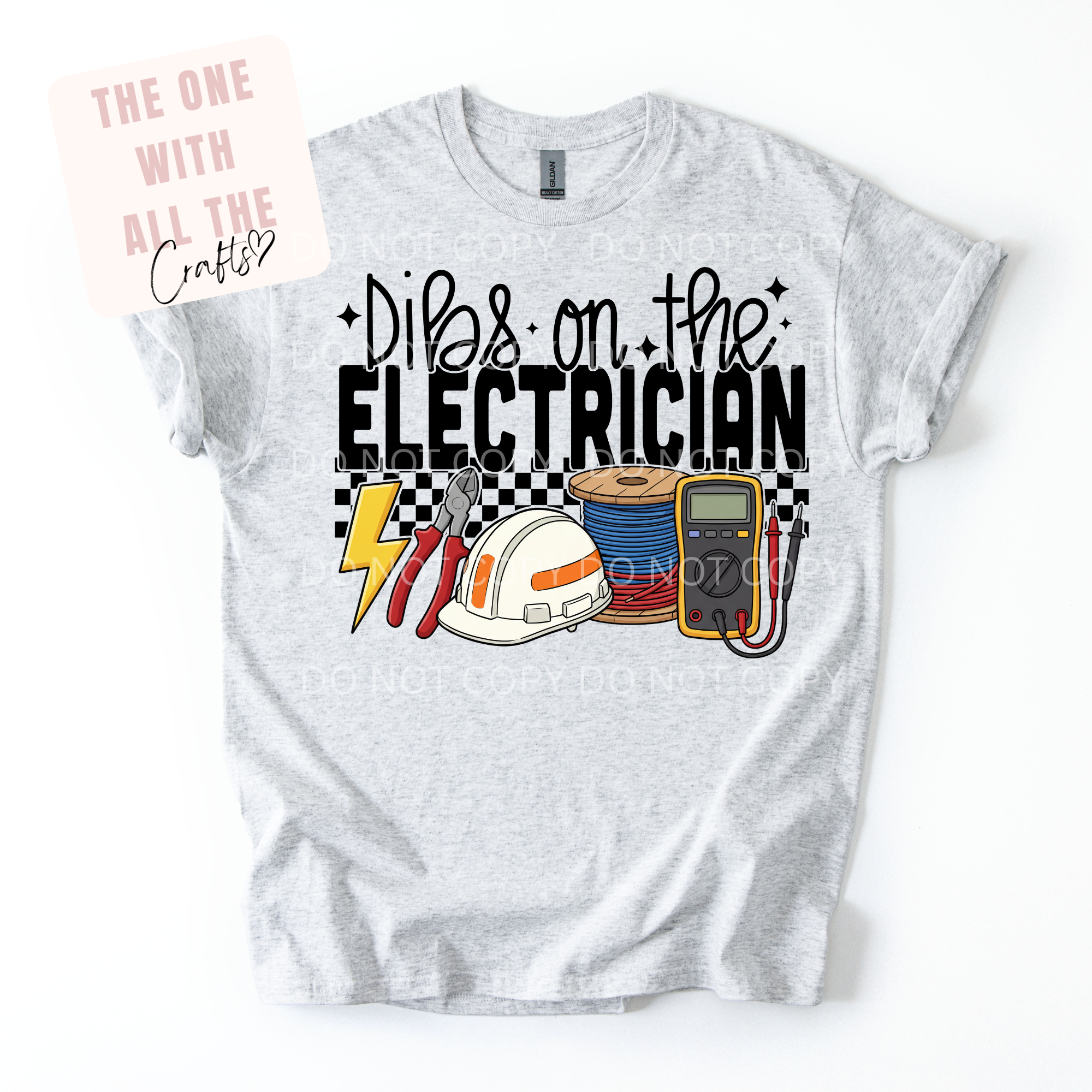 Gray t-shirt with electrician-themed graphic and text on a white background