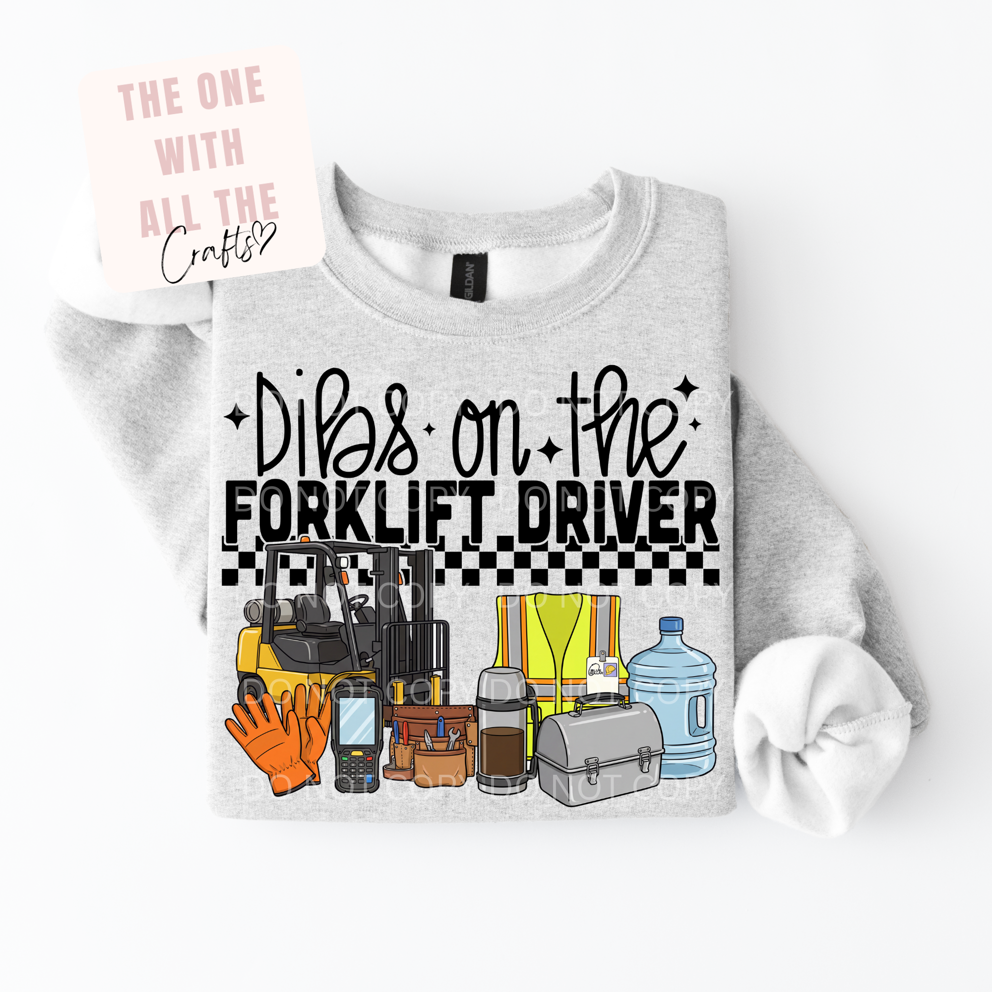 Gray sweatshirt with graphic design and text on a white background