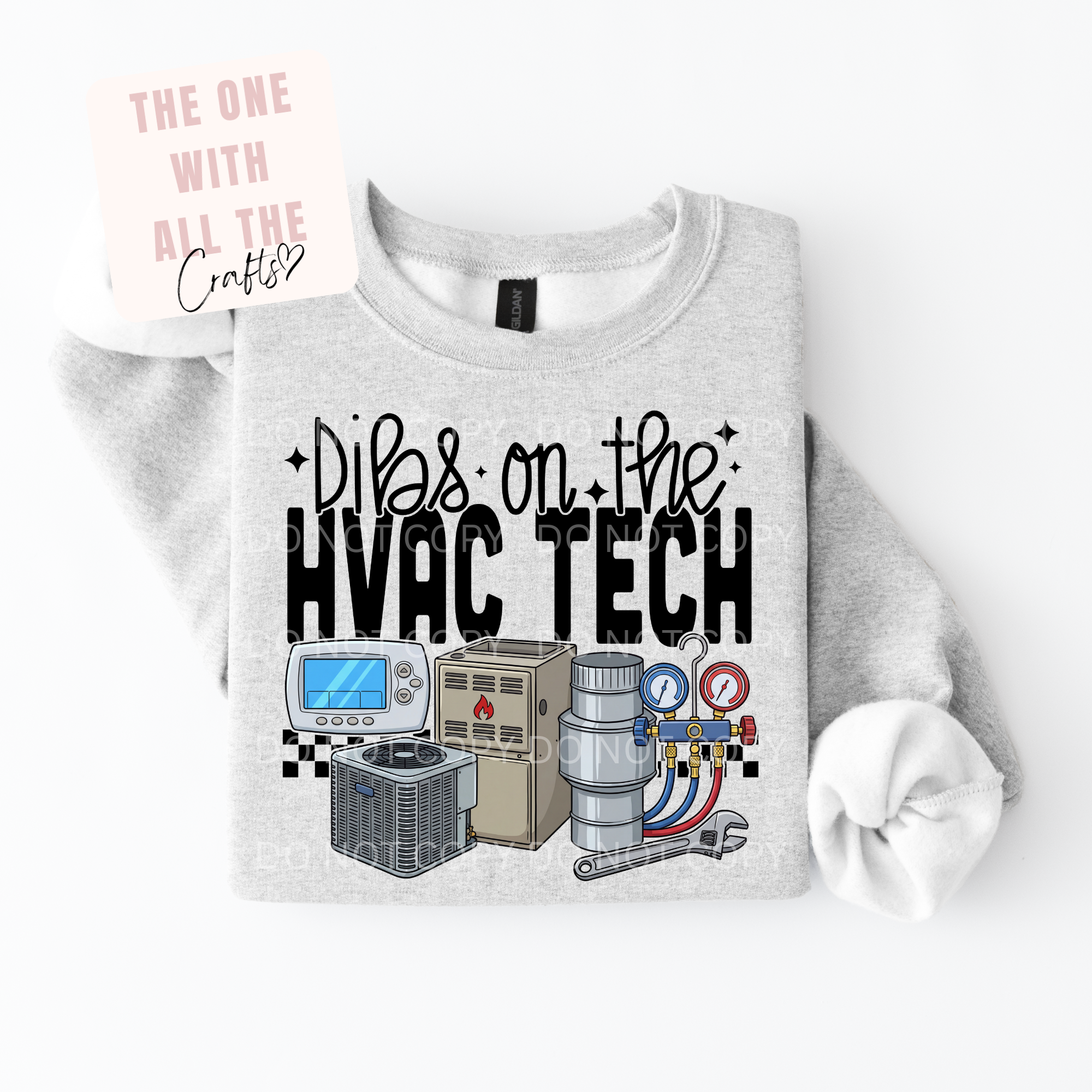Gray sweatshirt with HVAC-themed graphic and text on a white background