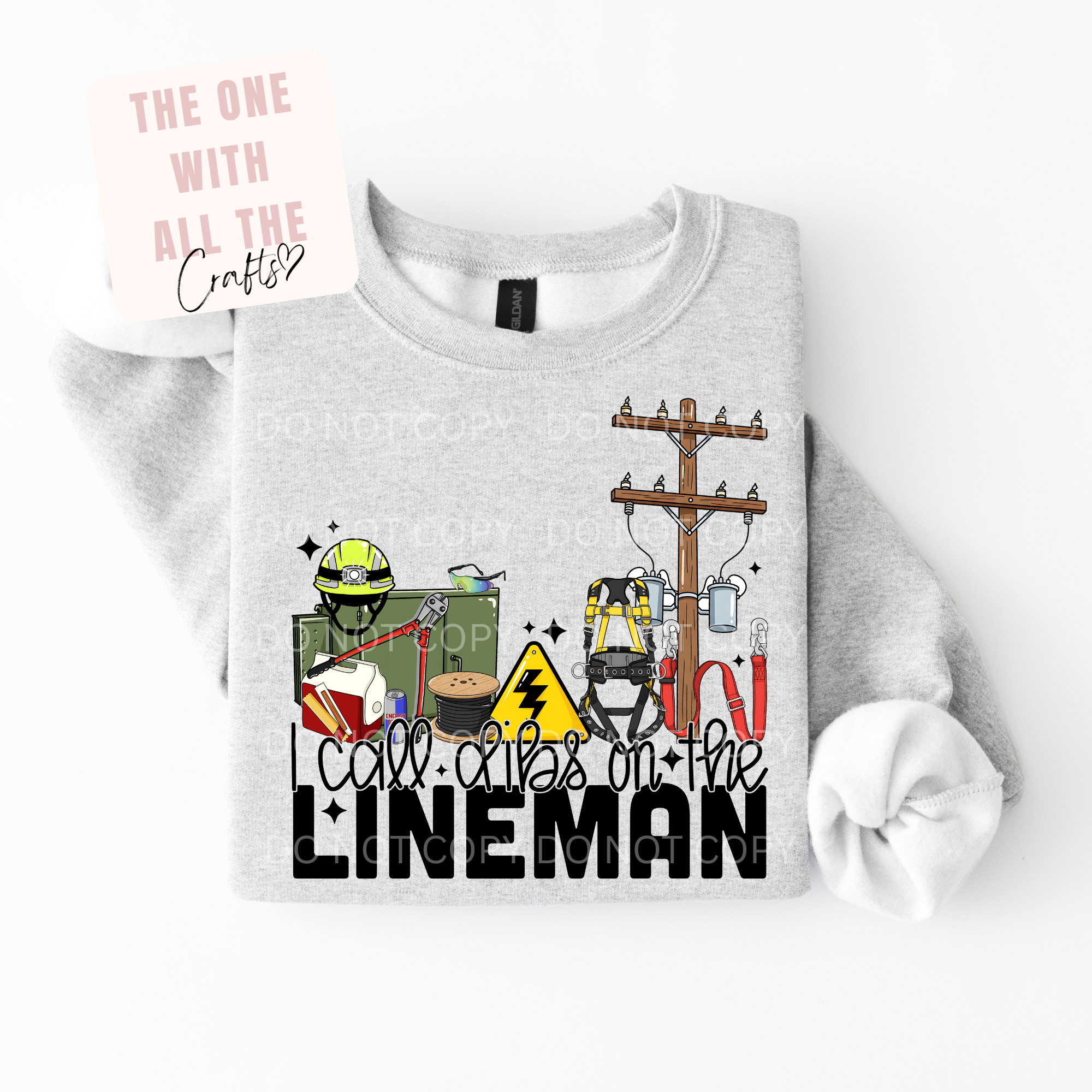 Gray sweatshirt with lineman graphic and text on a white background
