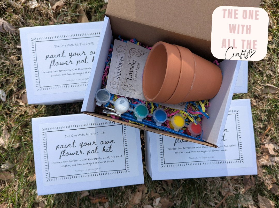 Open box containing a 'paint your own flower pot' kit with a terracotta pot and supplies on grass.