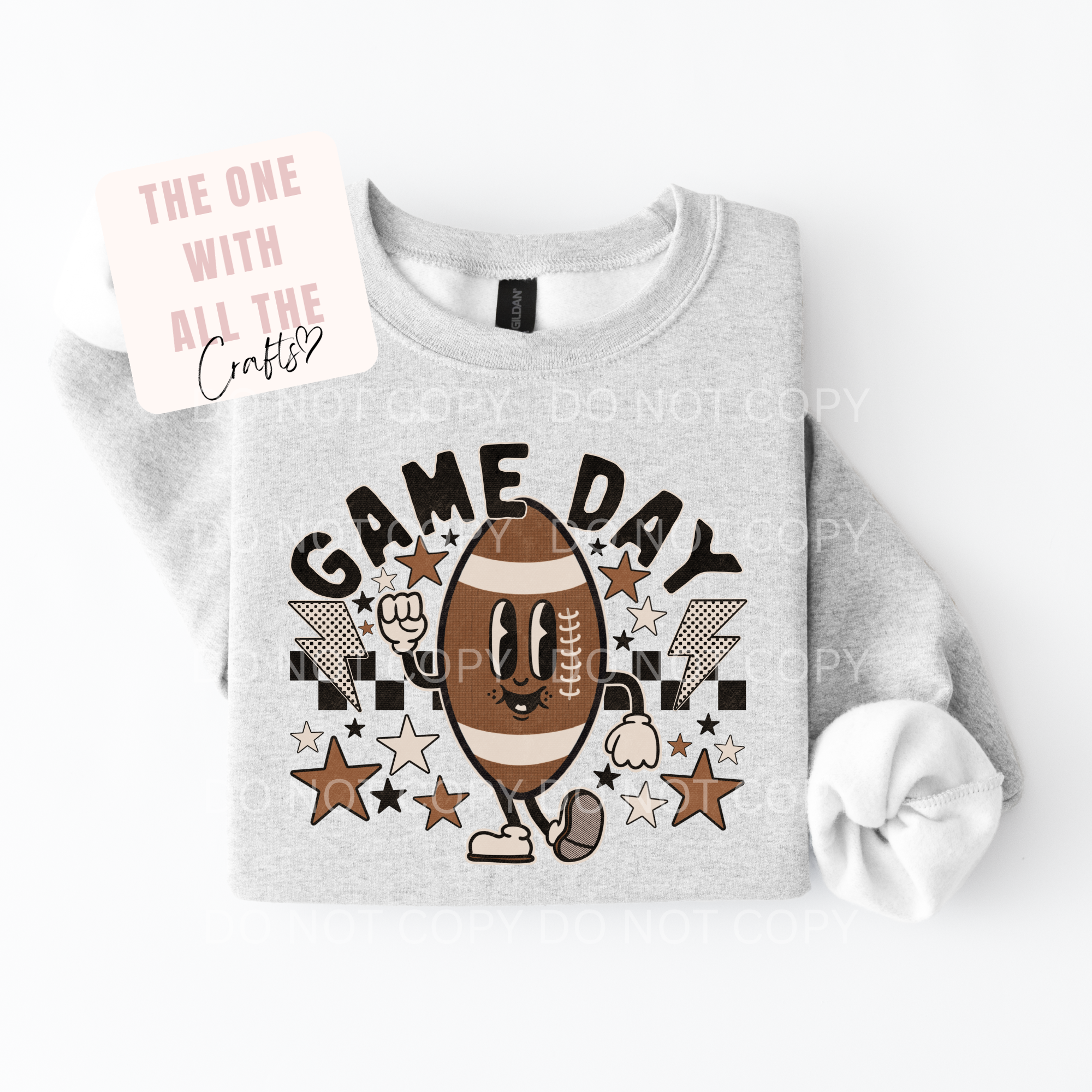 Gray sweatshirt with 'Game Day' design featuring a football and stars on a white background.