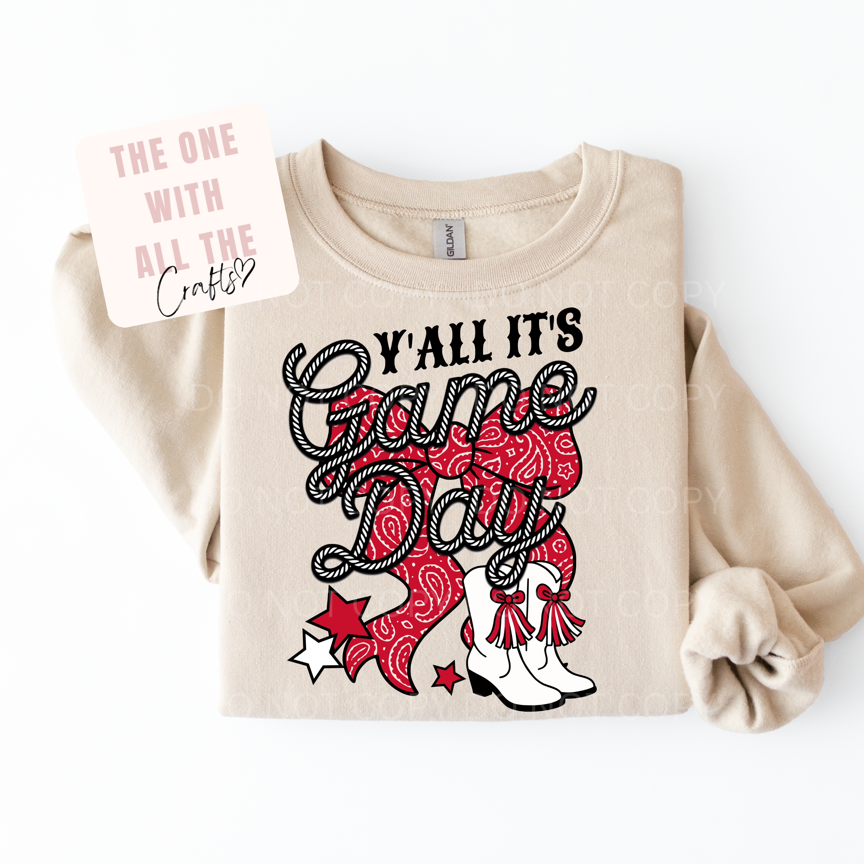 Beige t-shirt with red and black graphic design on a white background