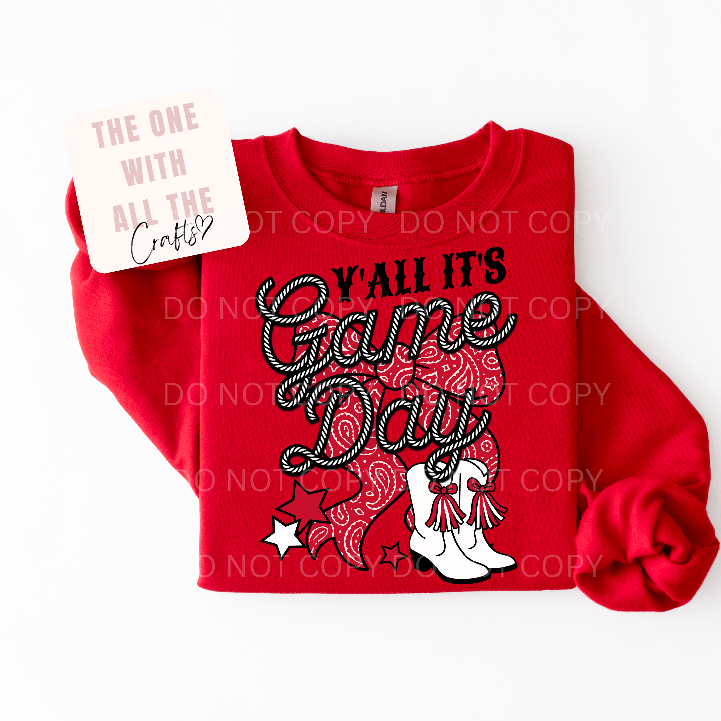Red sweatshirt with 'Y'all It's Game Day' text and cowboy boot design on a white background