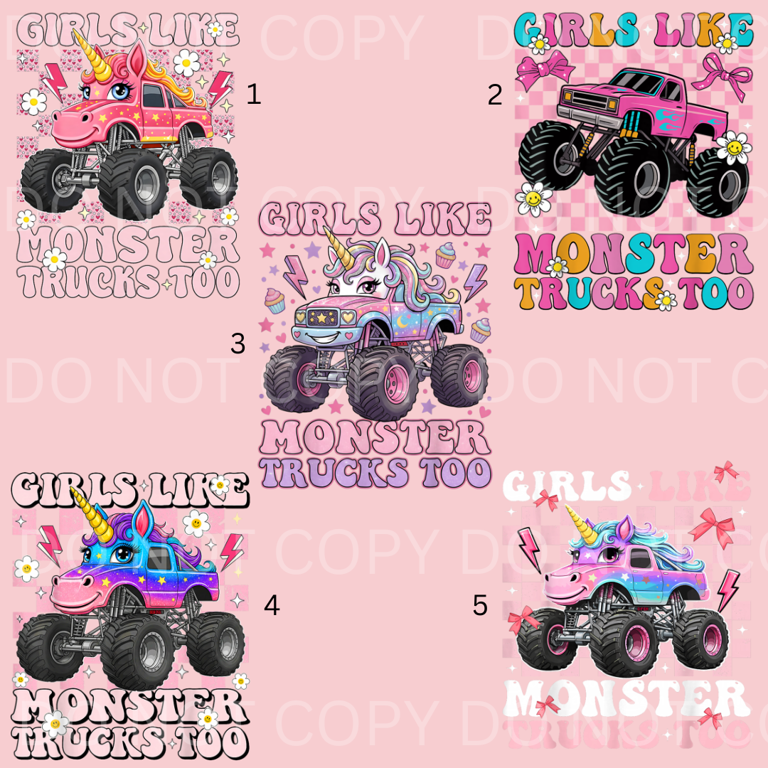 Five designs of pink monster trucks with unicorns on a pink background, featuring text 'Girls Like Monster Trucks Too'.