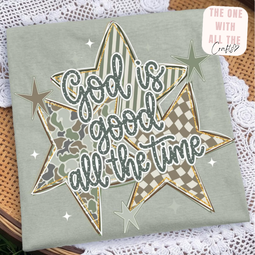 Decorative star with 'God is good all the time' text on a green background