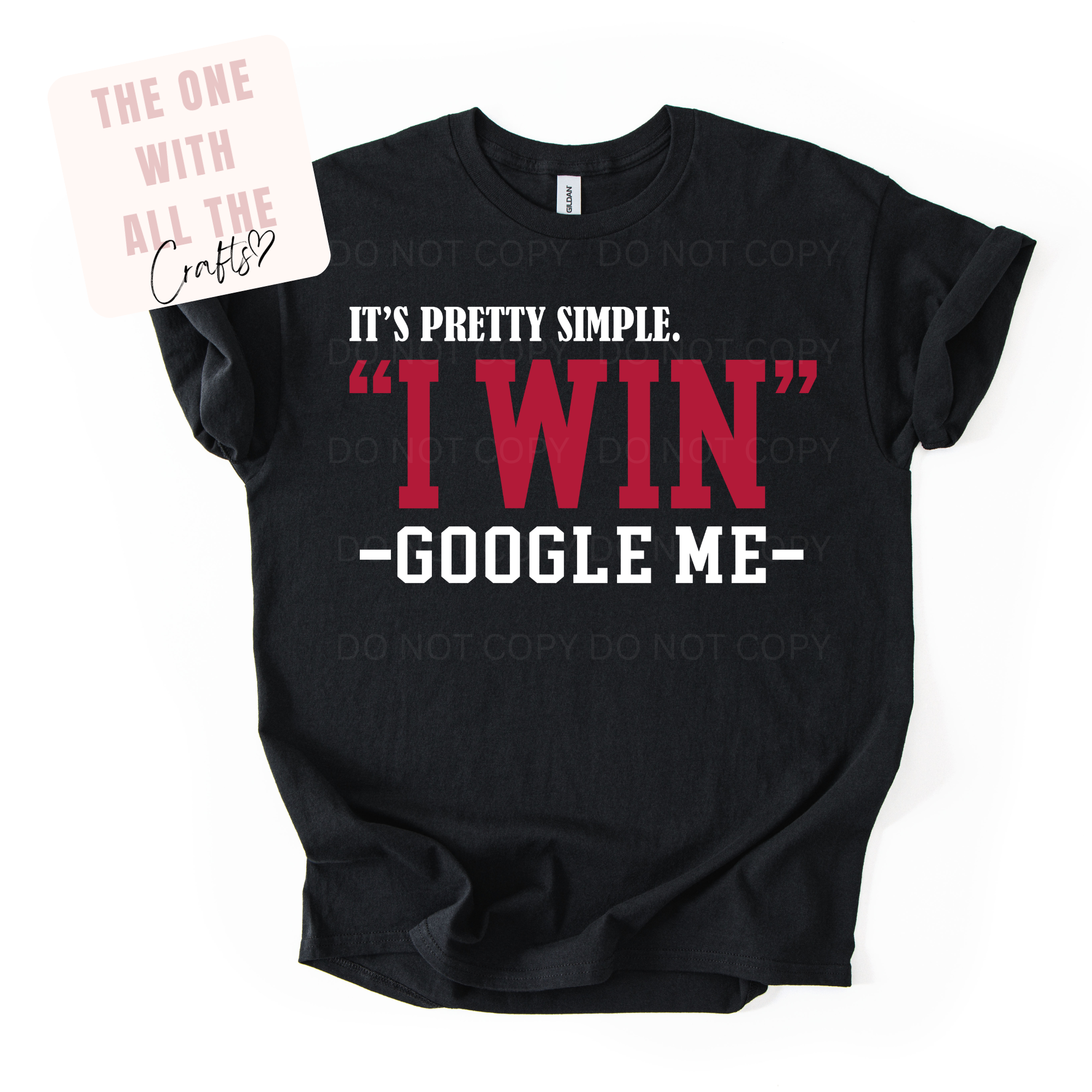 Black t-shirt with humorous text design on a white background
