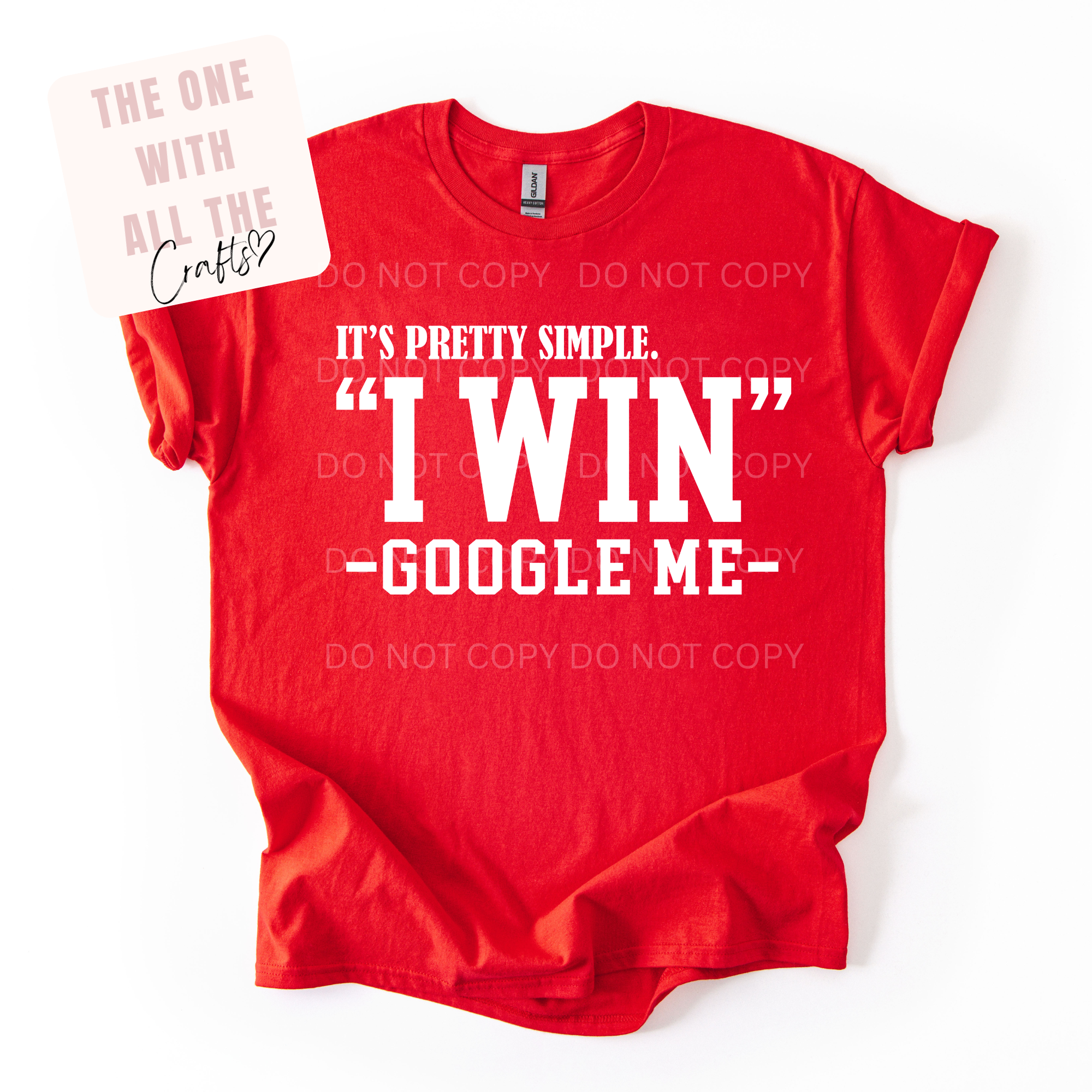 Red t-shirt with white text on a white background