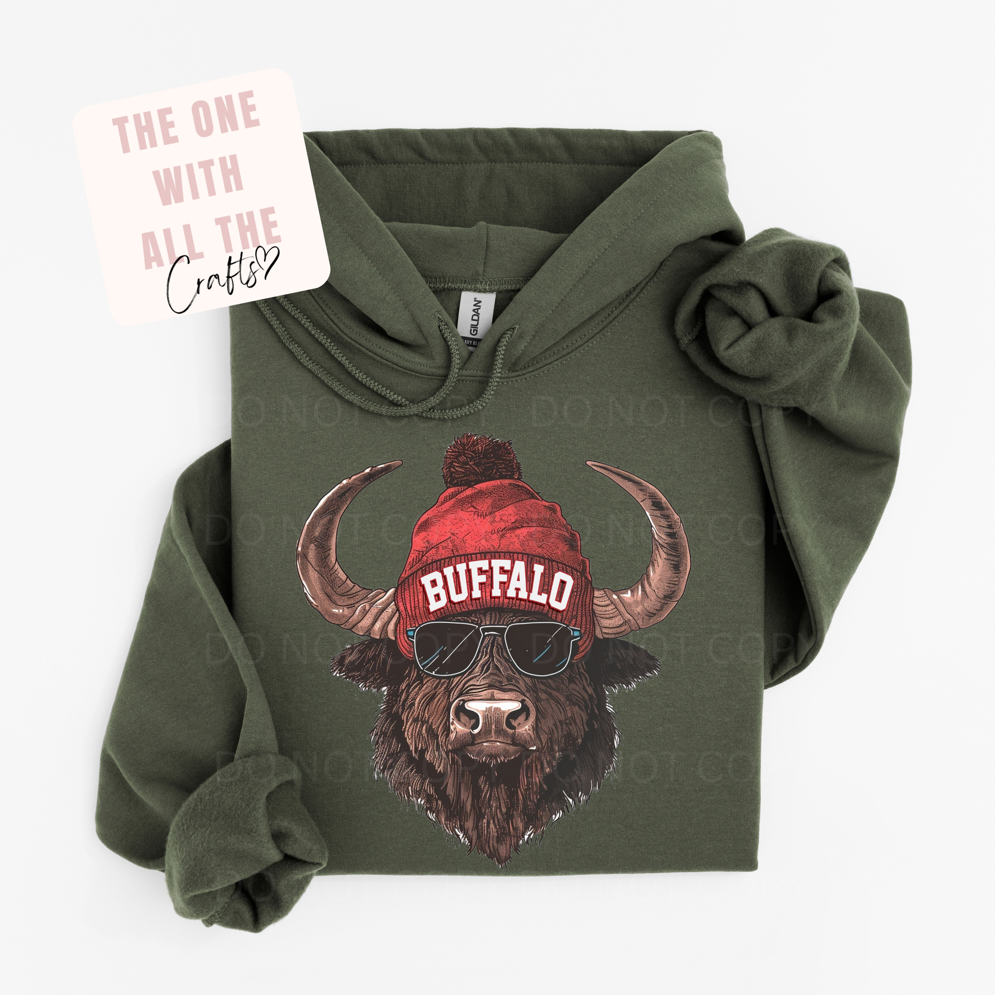 Green hoodie with a bison wearing a red 'Buffalo' beanie and sunglasses design on a white background.