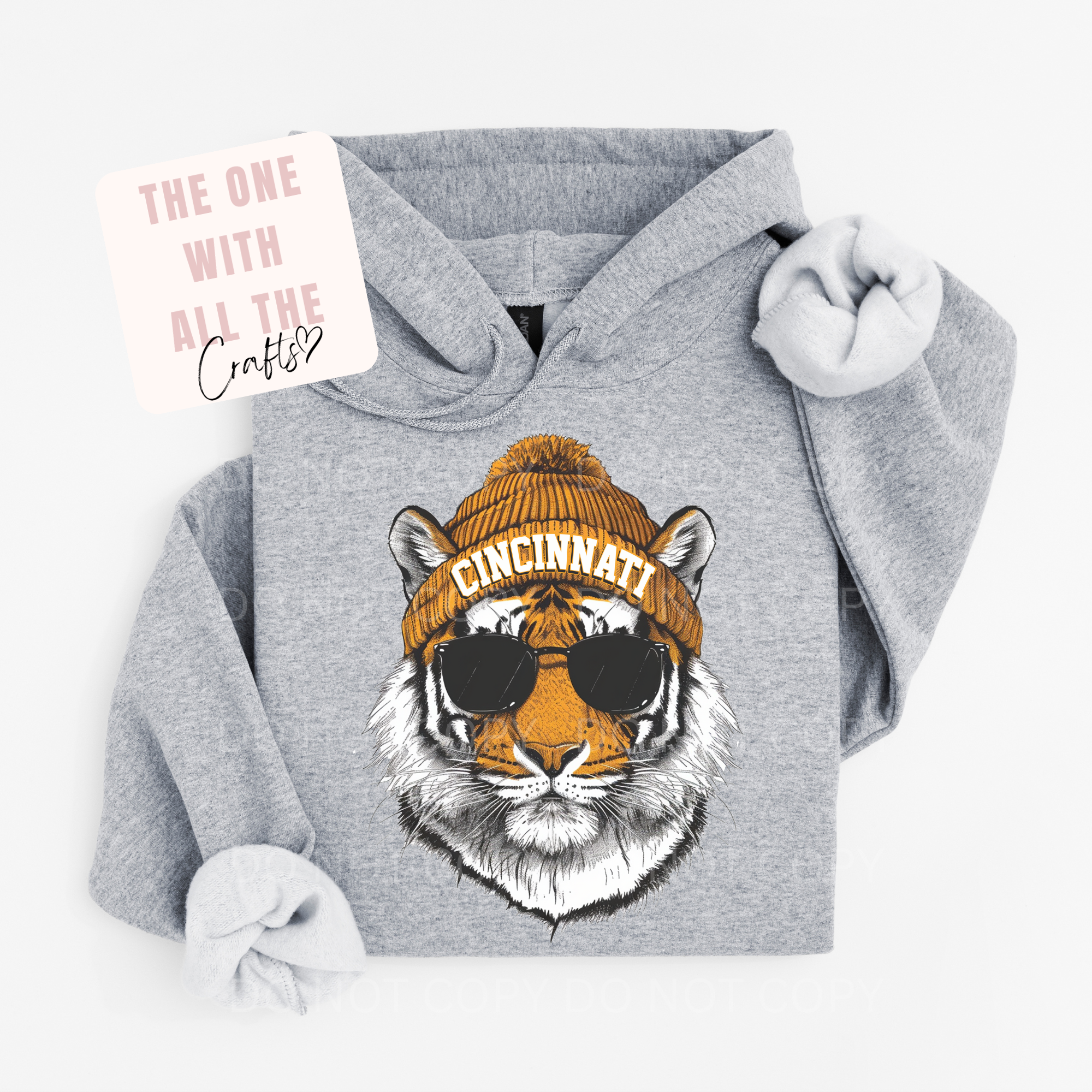 Gray hoodie with a tiger wearing a 'Cincinnati' beanie and sunglasses design, on a white background.