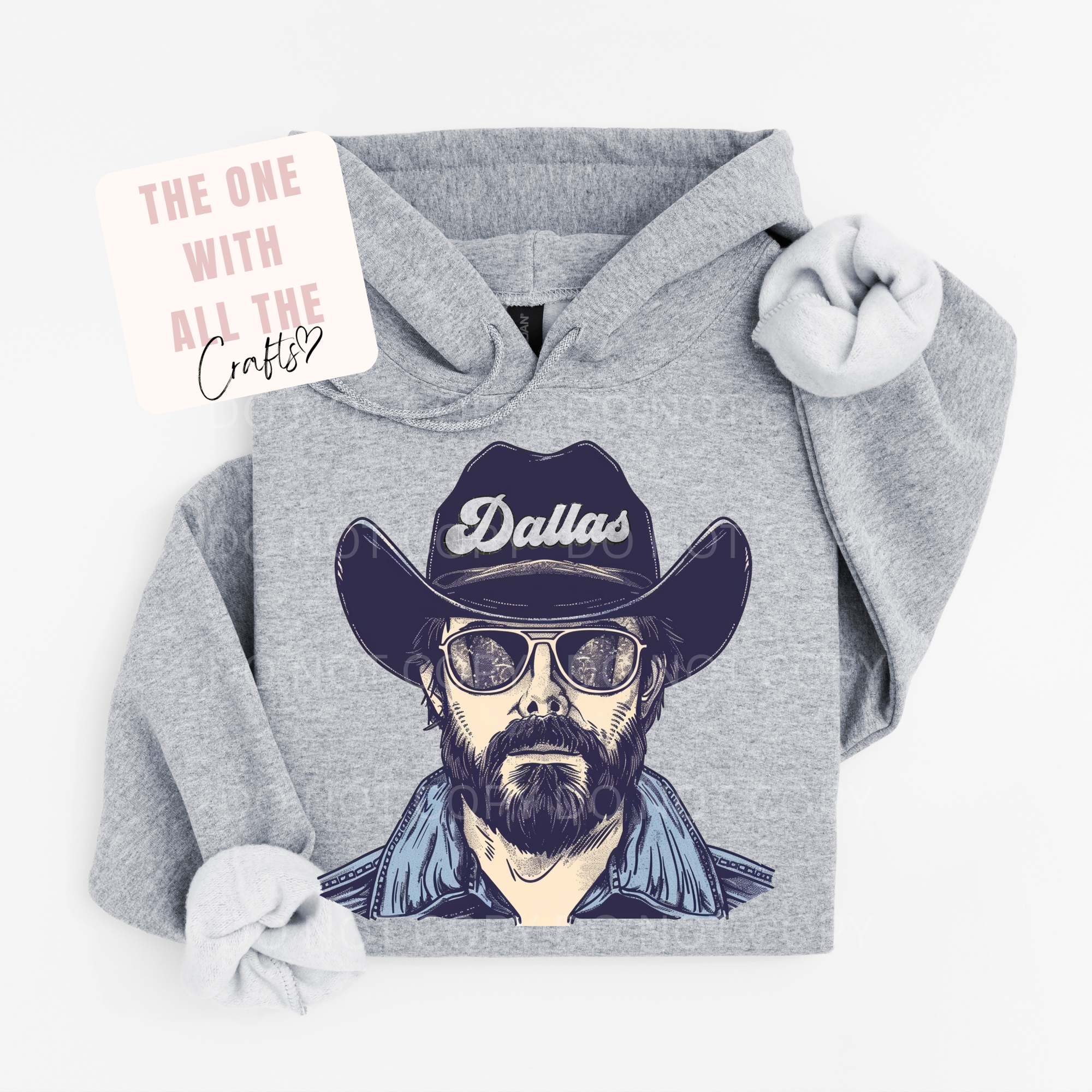Gray hoodie with a graphic of a man wearing a 'Dallas' hat on a white background