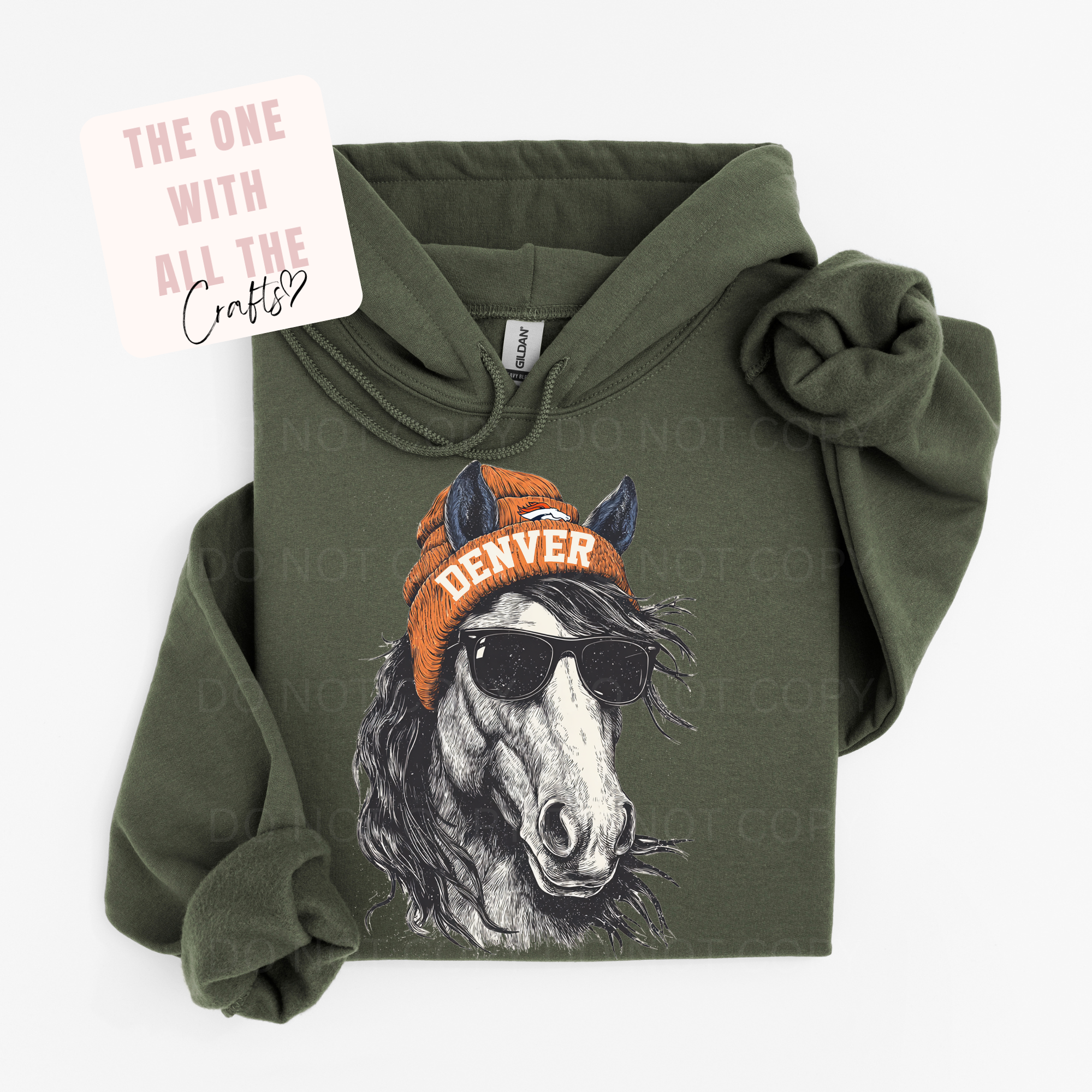 Green hoodie with a horse wearing a Denver hat and sunglasses design on a white background.