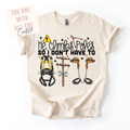 Beige t-shirt with graphic design and text on a white background
