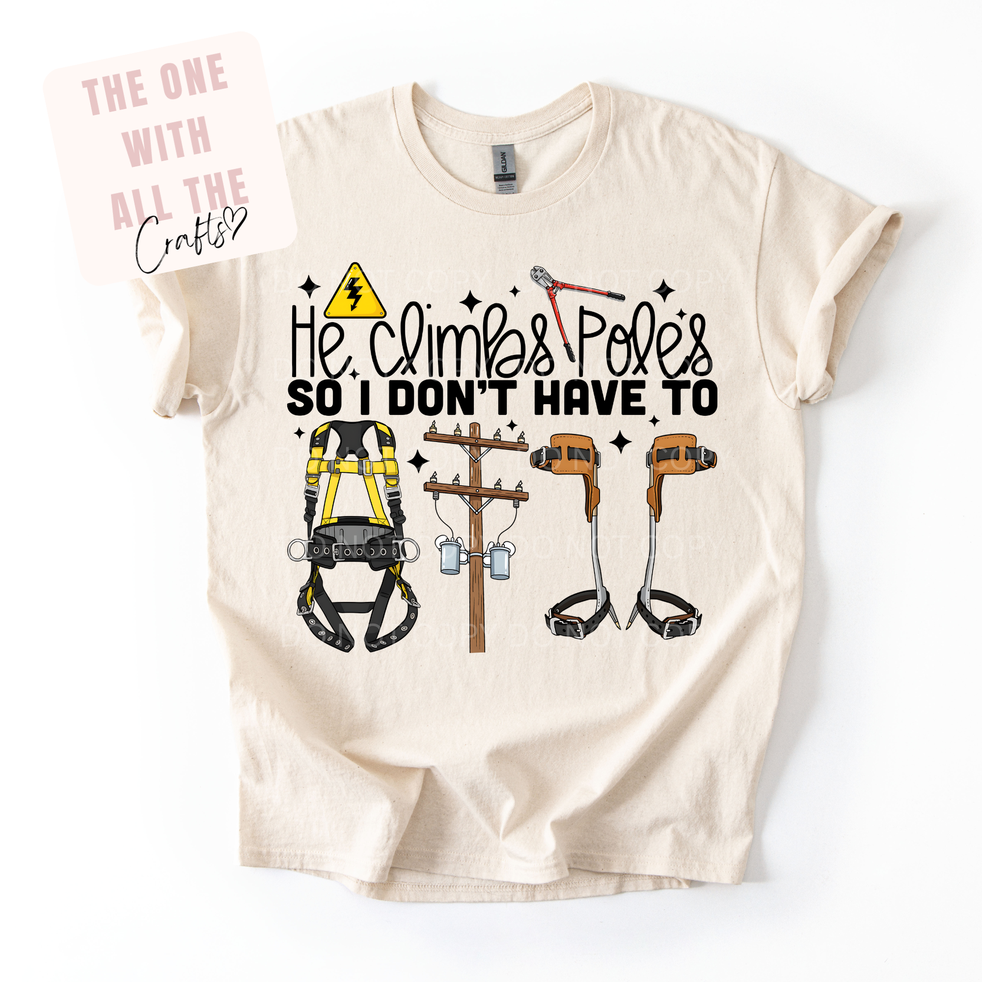 Beige t-shirt with graphic design and text on a white background