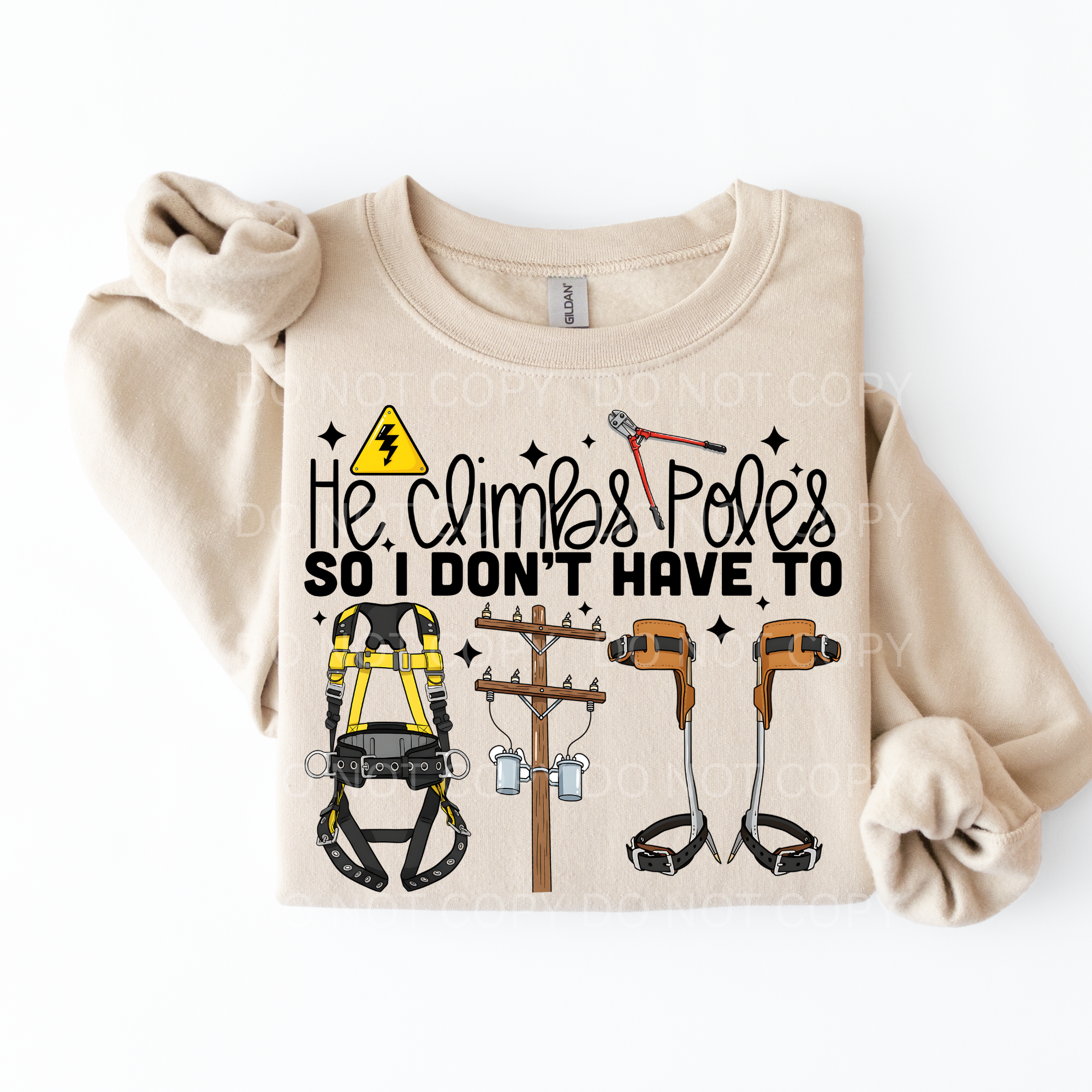 Beige sweatshirt with safety harness and power line graphic on a white background