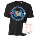 Black t-shirt with colorful baseball graphic design on a white background