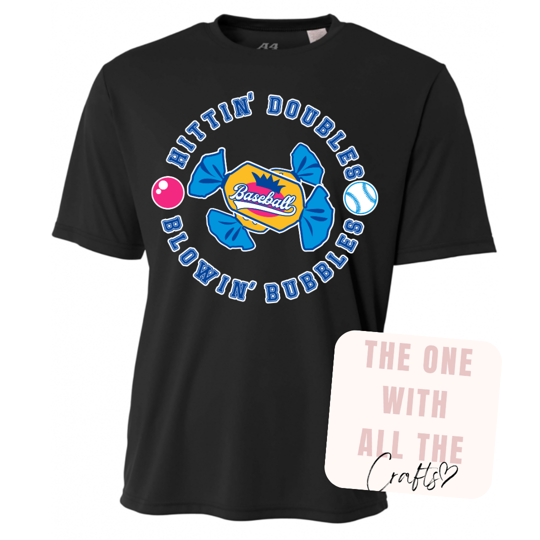 Black t-shirt with colorful baseball graphic design on a white background